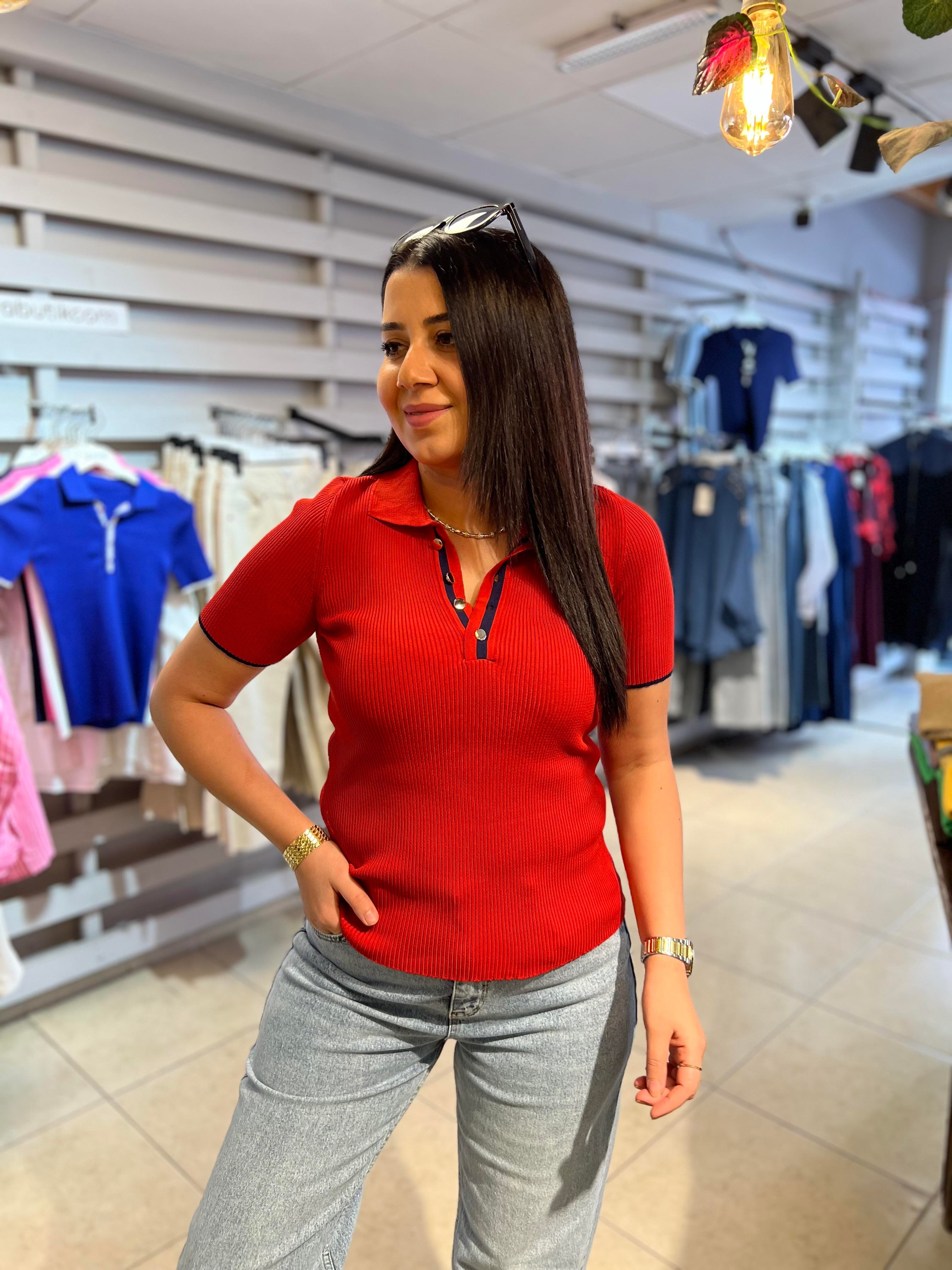 Polo Yaka Düğmeli Triko Bluz Kırmızı