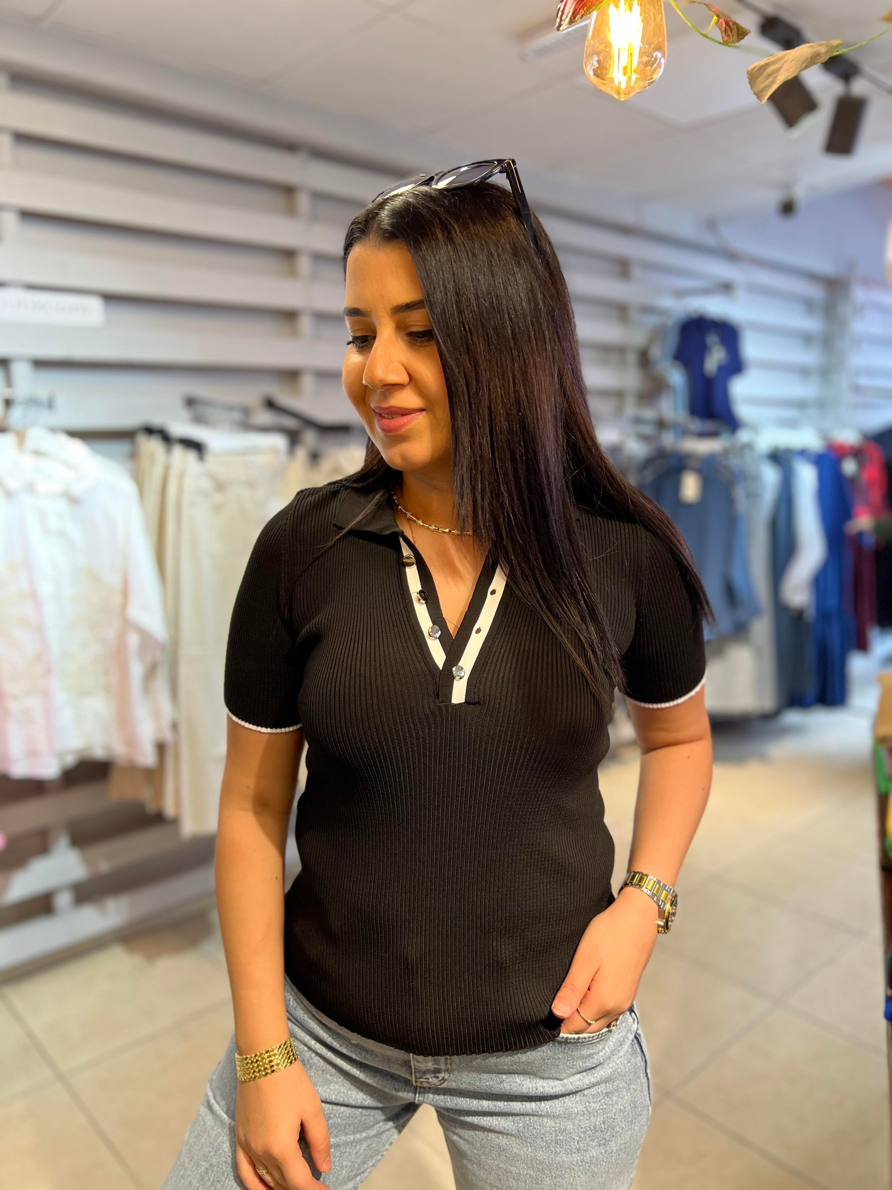 Polo Yaka Düğmeli Triko Bluz Siyah