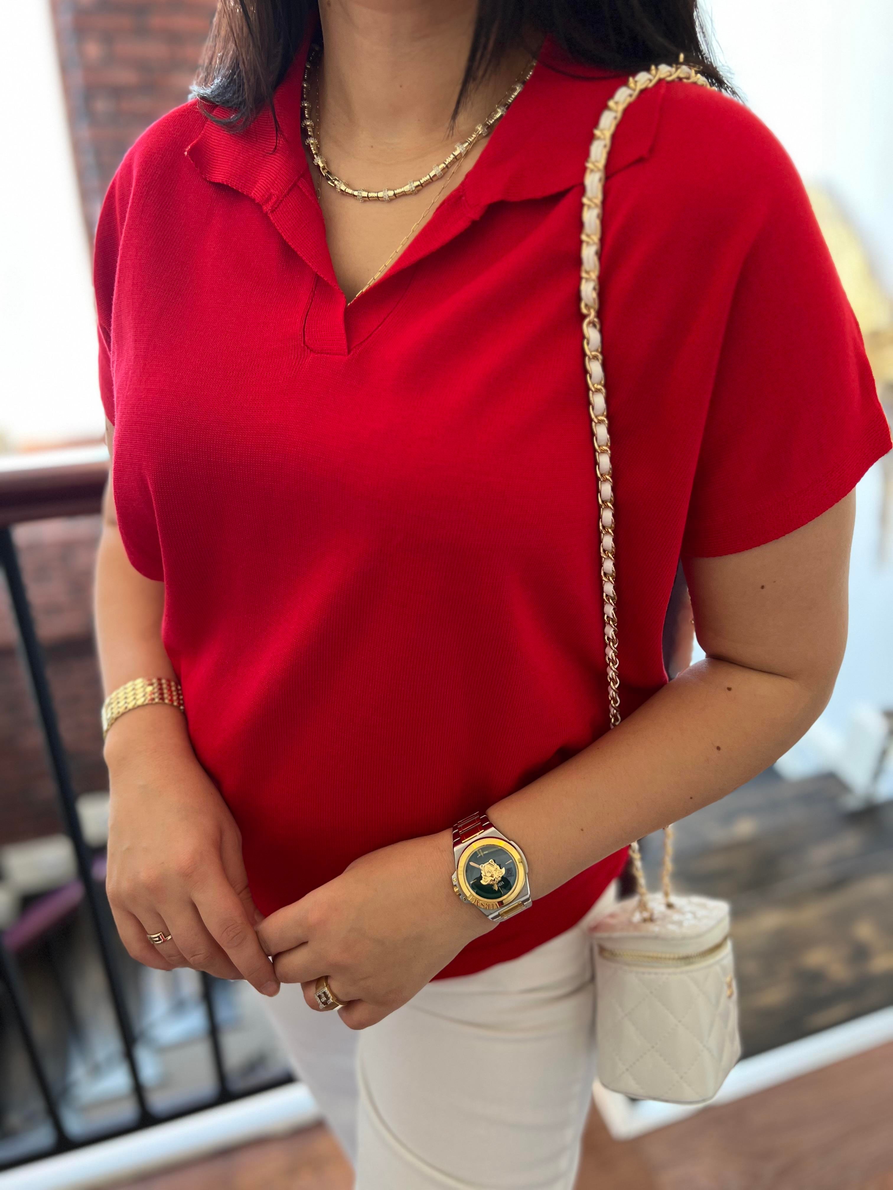 Polo Yaka Kısa Kollu Triko Bluz Kırmızı