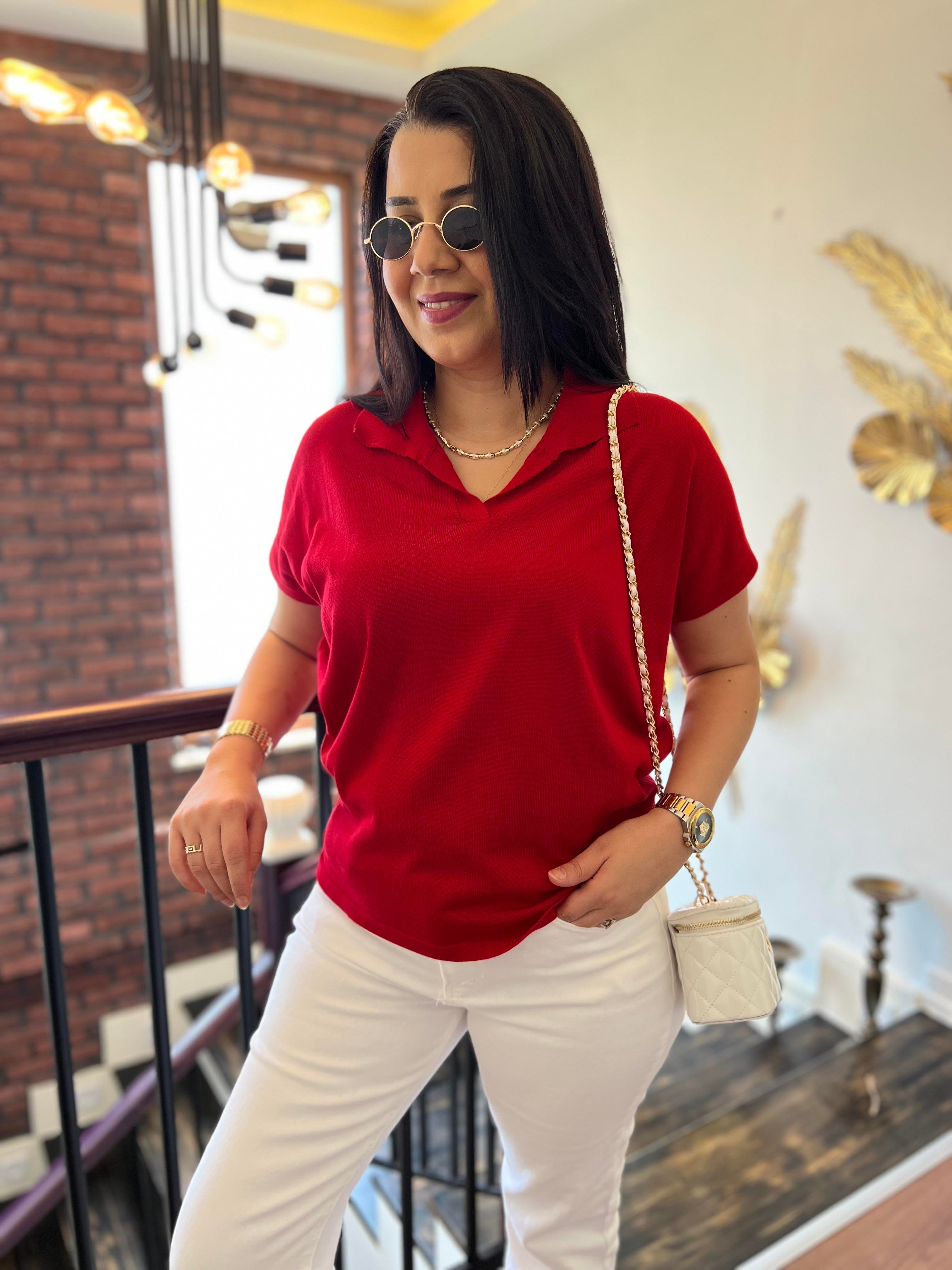 Polo Yaka Kısa Kollu Triko Bluz Kırmızı