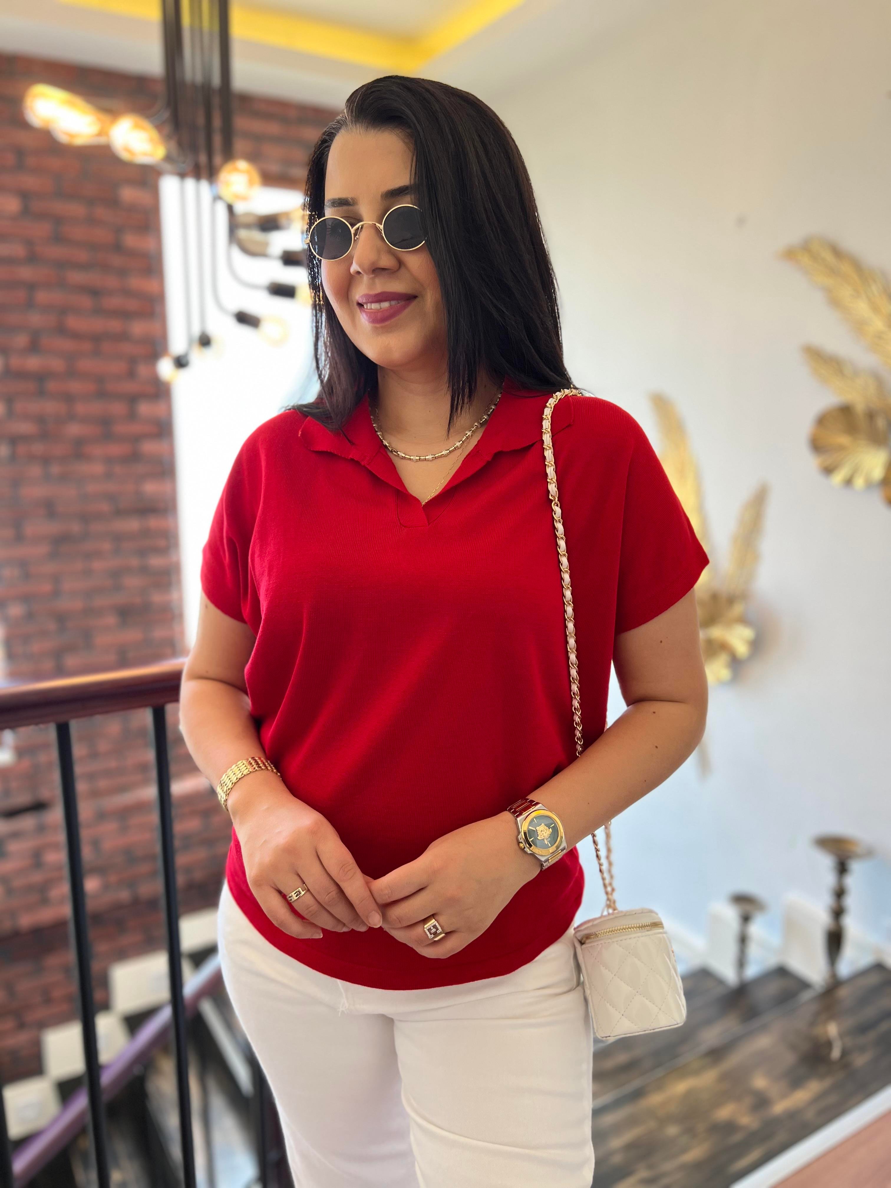 Polo Yaka Kısa Kollu Triko Bluz Kırmızı