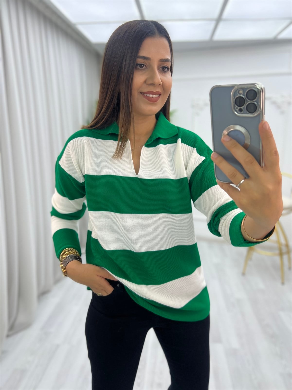 Polo Yaka Links Örgülü Bluz Çimenyeşili
