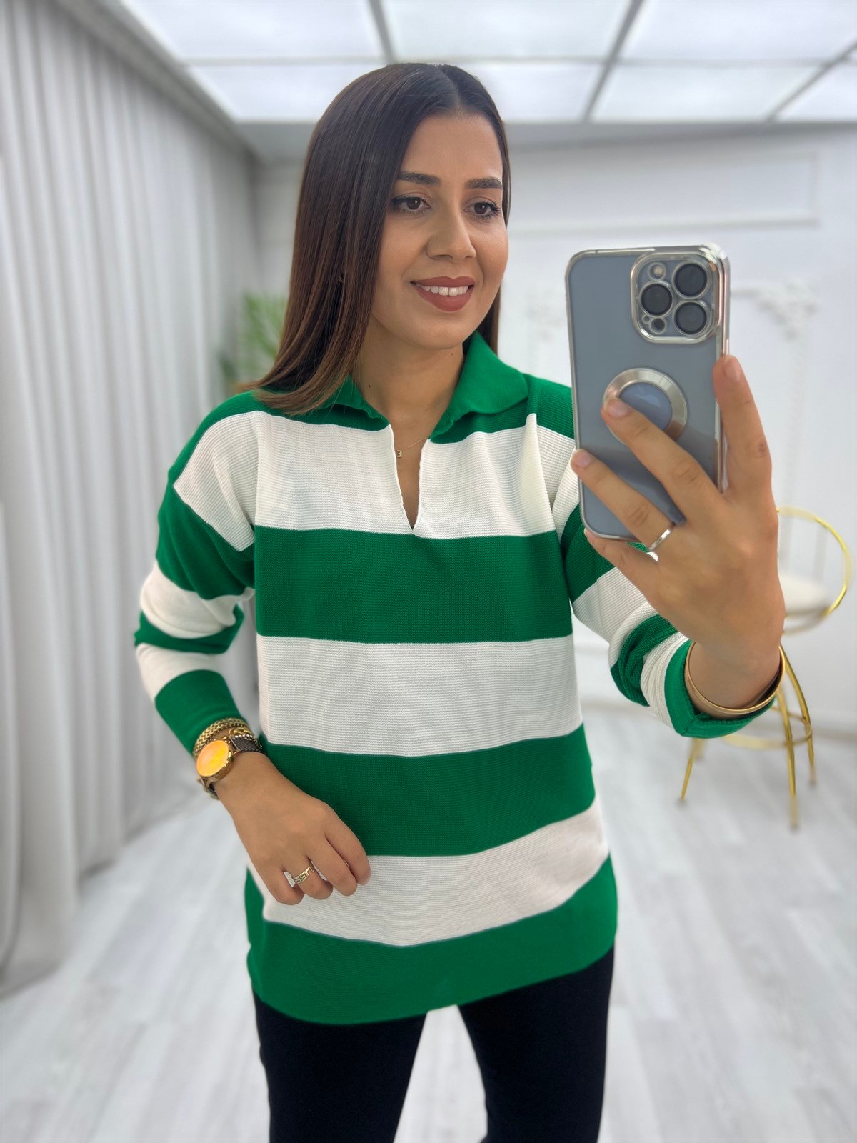 Polo Yaka Links Örgülü Bluz Çimenyeşili