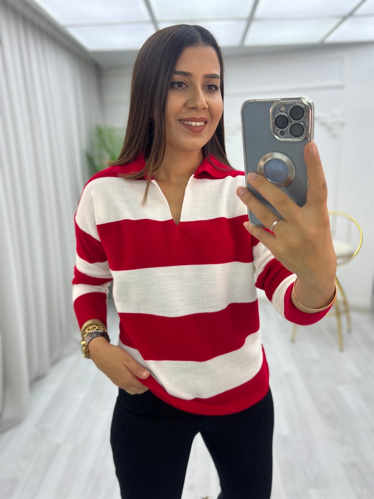 Polo Yaka Links Örgülü Bluz Kırmızı