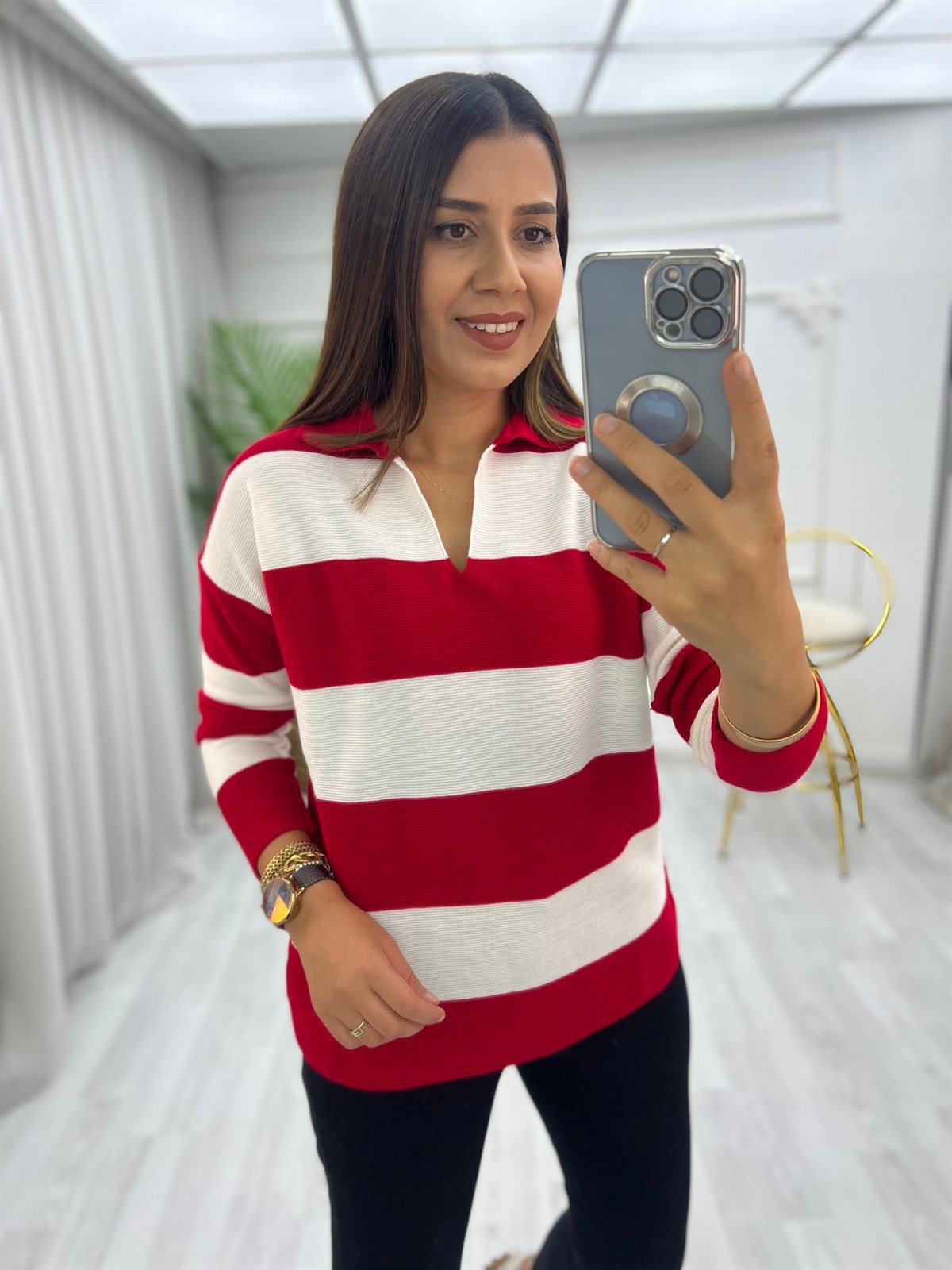 Polo Yaka Links Örgülü Bluz Kırmızı