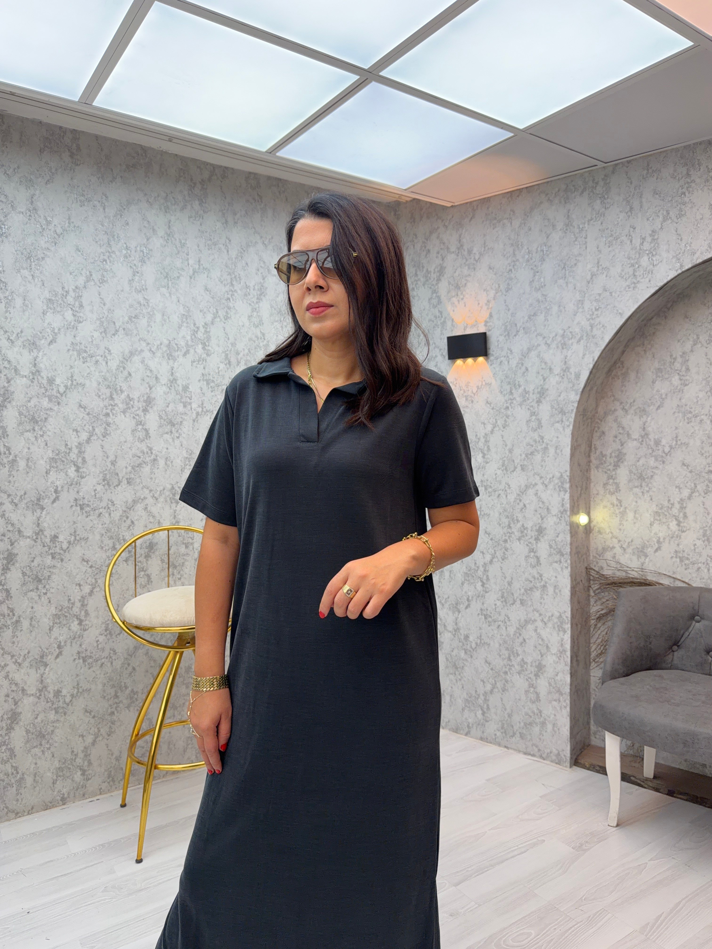 Polo Yaka Pike Modal Yırtmaçlı Elbise Antrasit