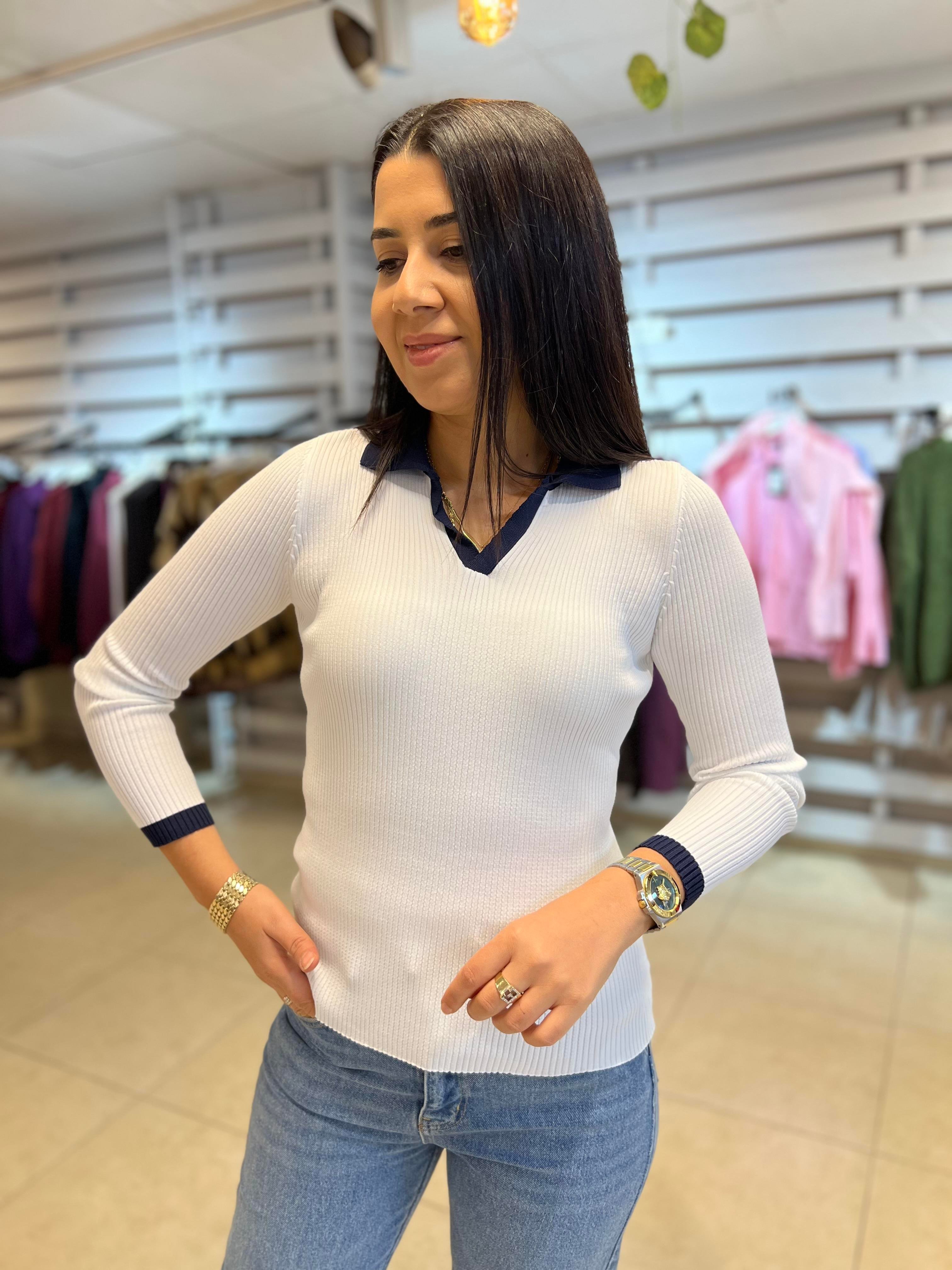 Polo Yaka Renkli Triko Bluz Beyaz