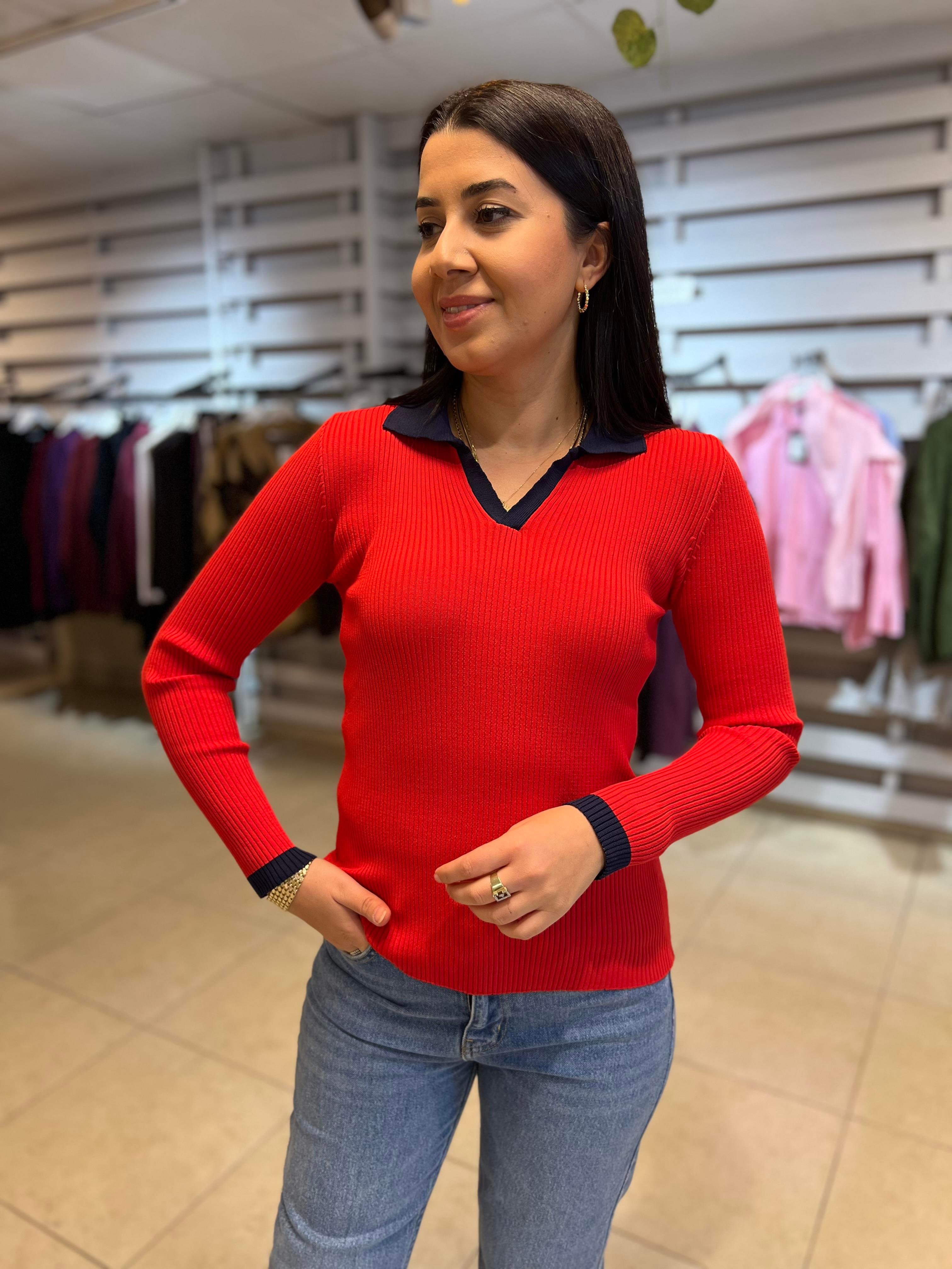 Polo Yaka Renkli Triko Bluz Kırmızı