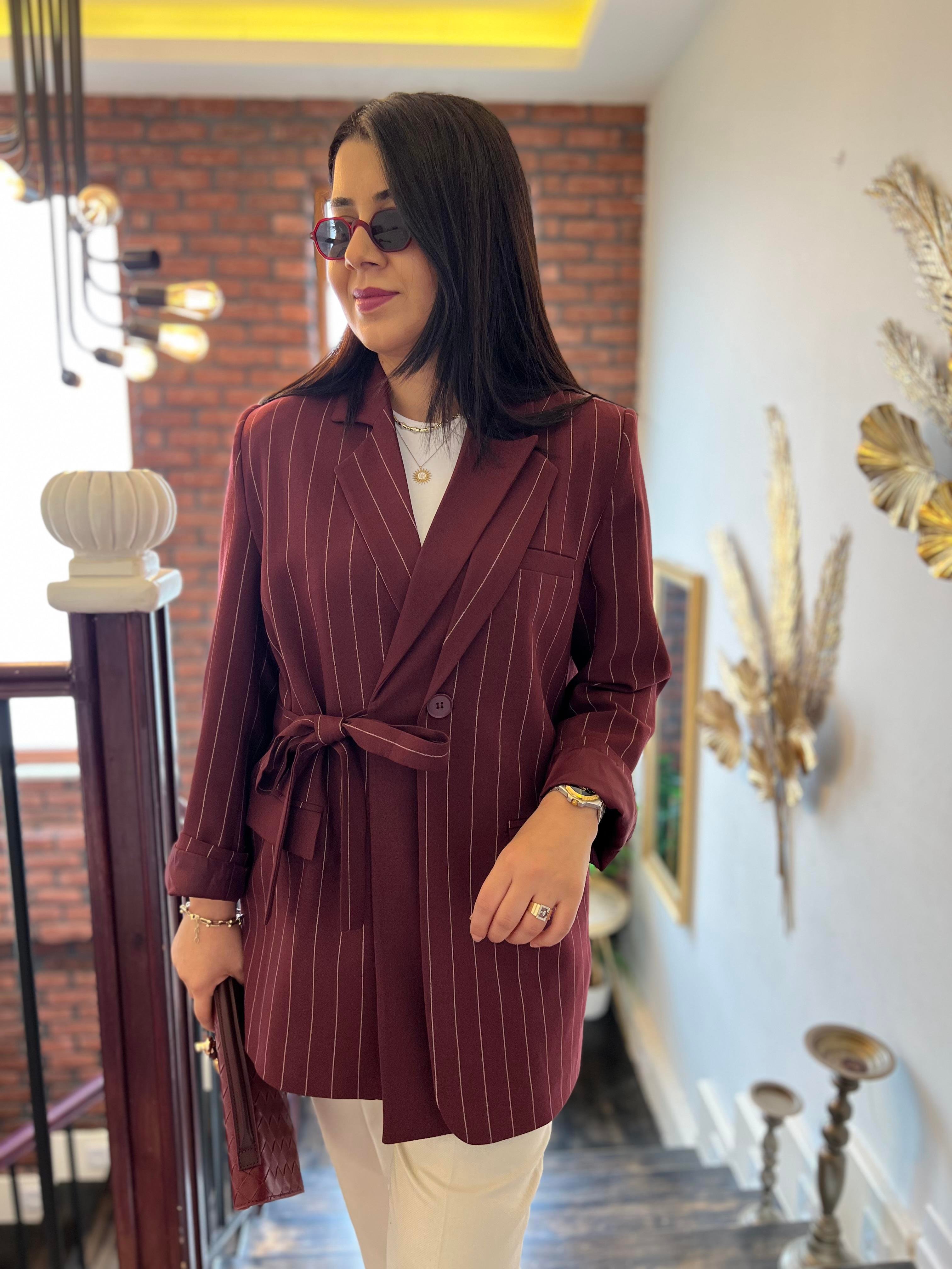 Premium Bağlamalı Çizgili Ceket Bordo