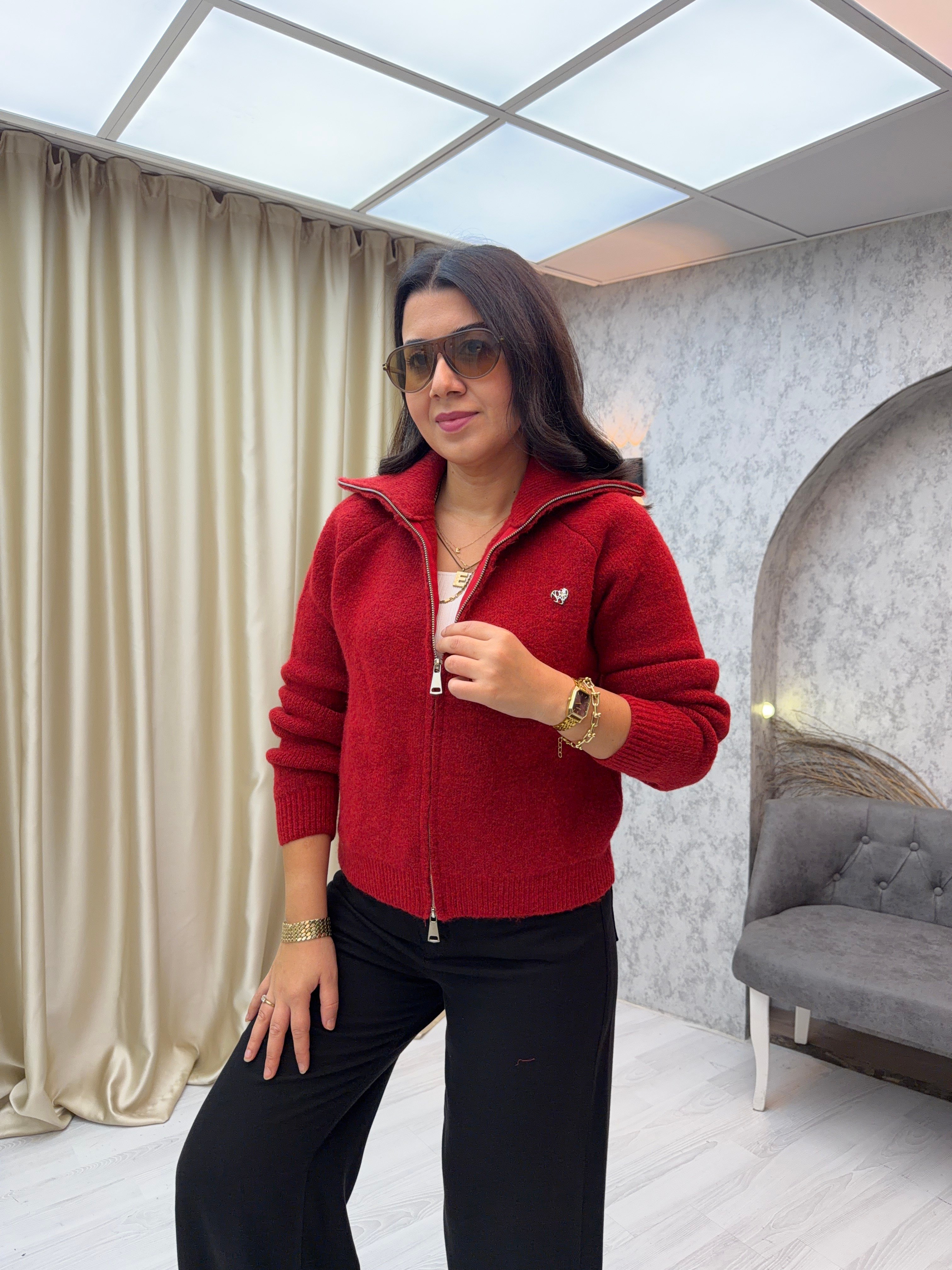 Premium Fermuarlı Hırka Kırmızı