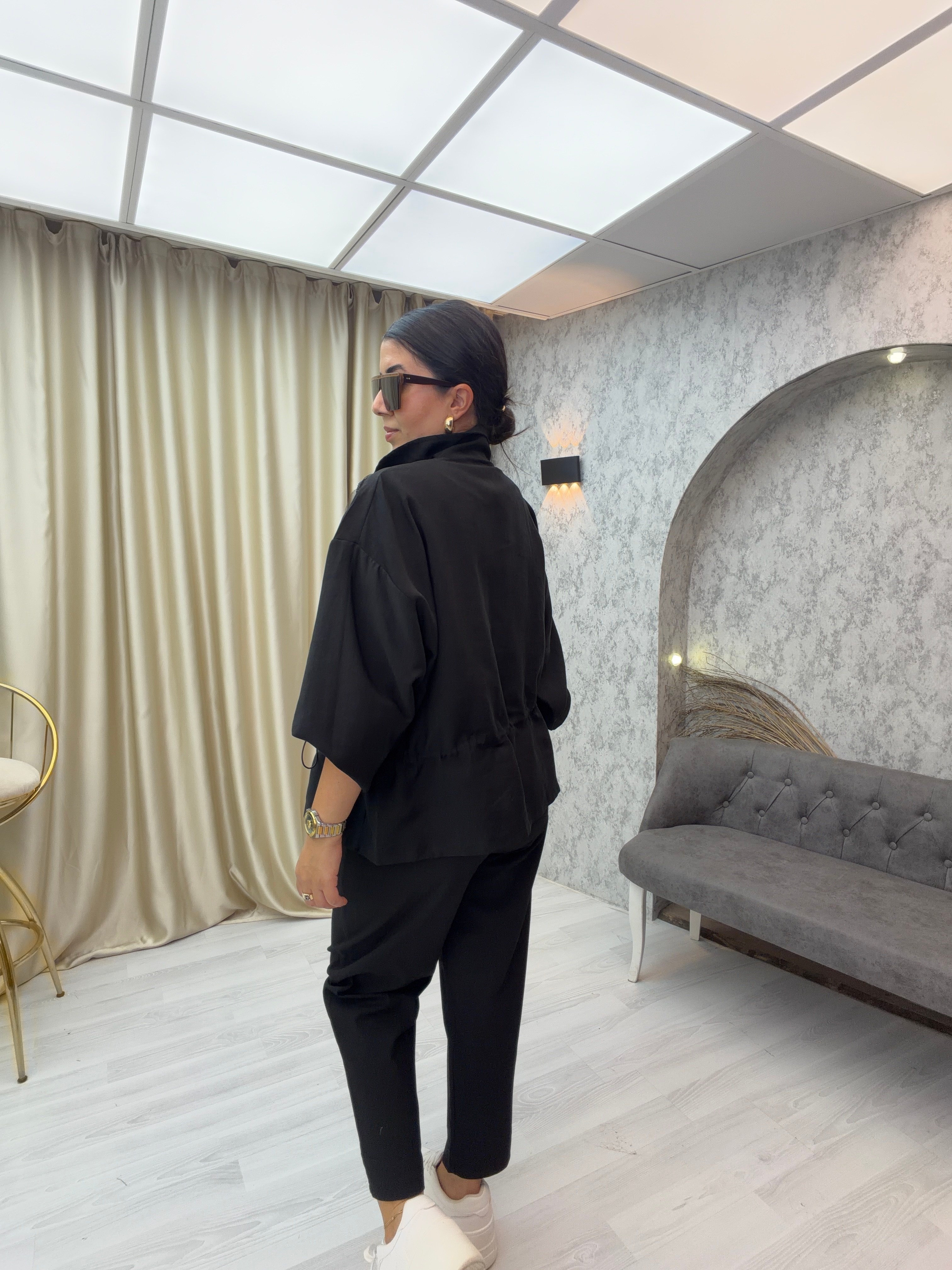 Premium İşlemeli Büzgülü Ceket Siyah