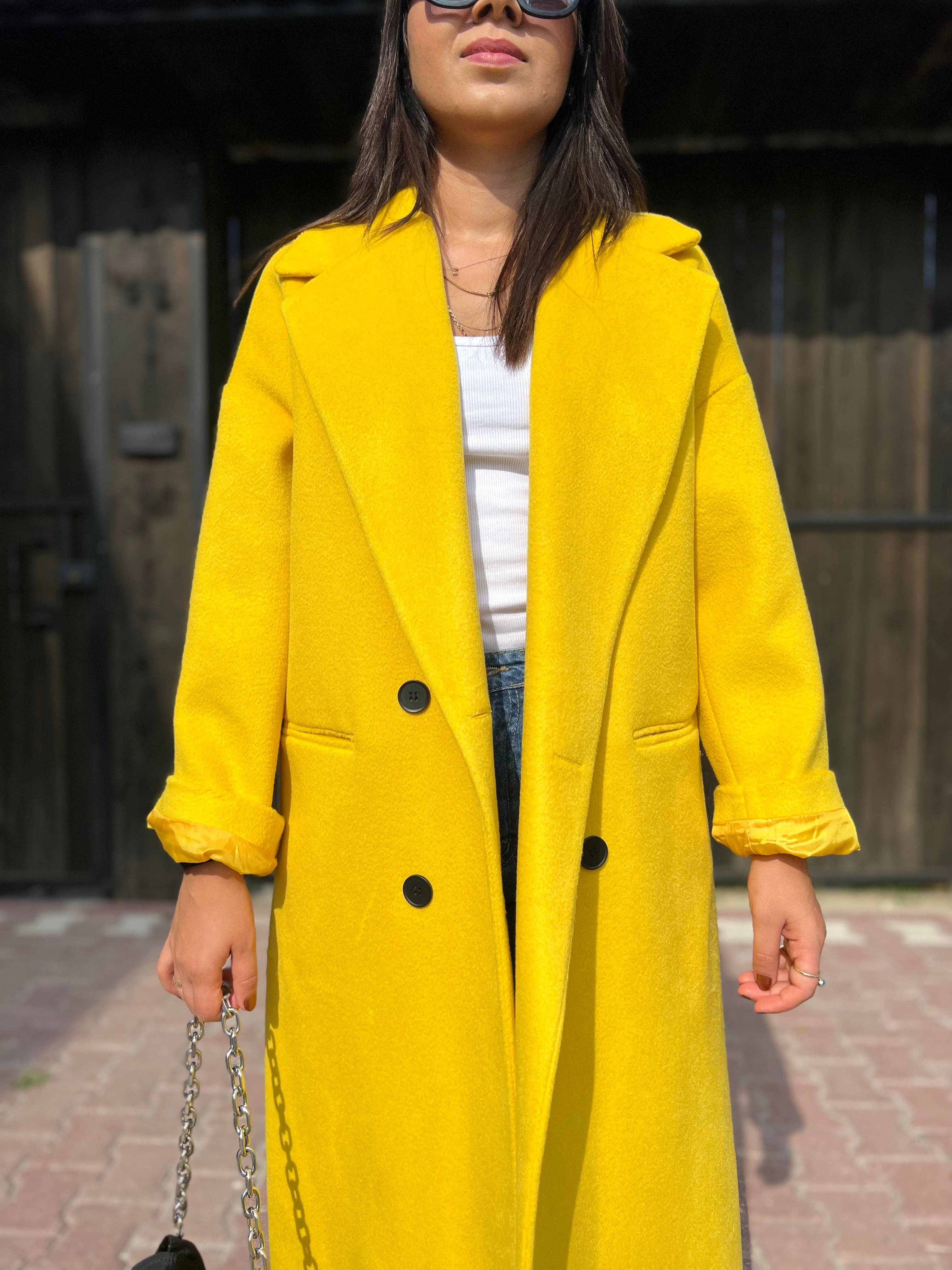 Premium Kalite Oversize Kaşe Kaban Hardal