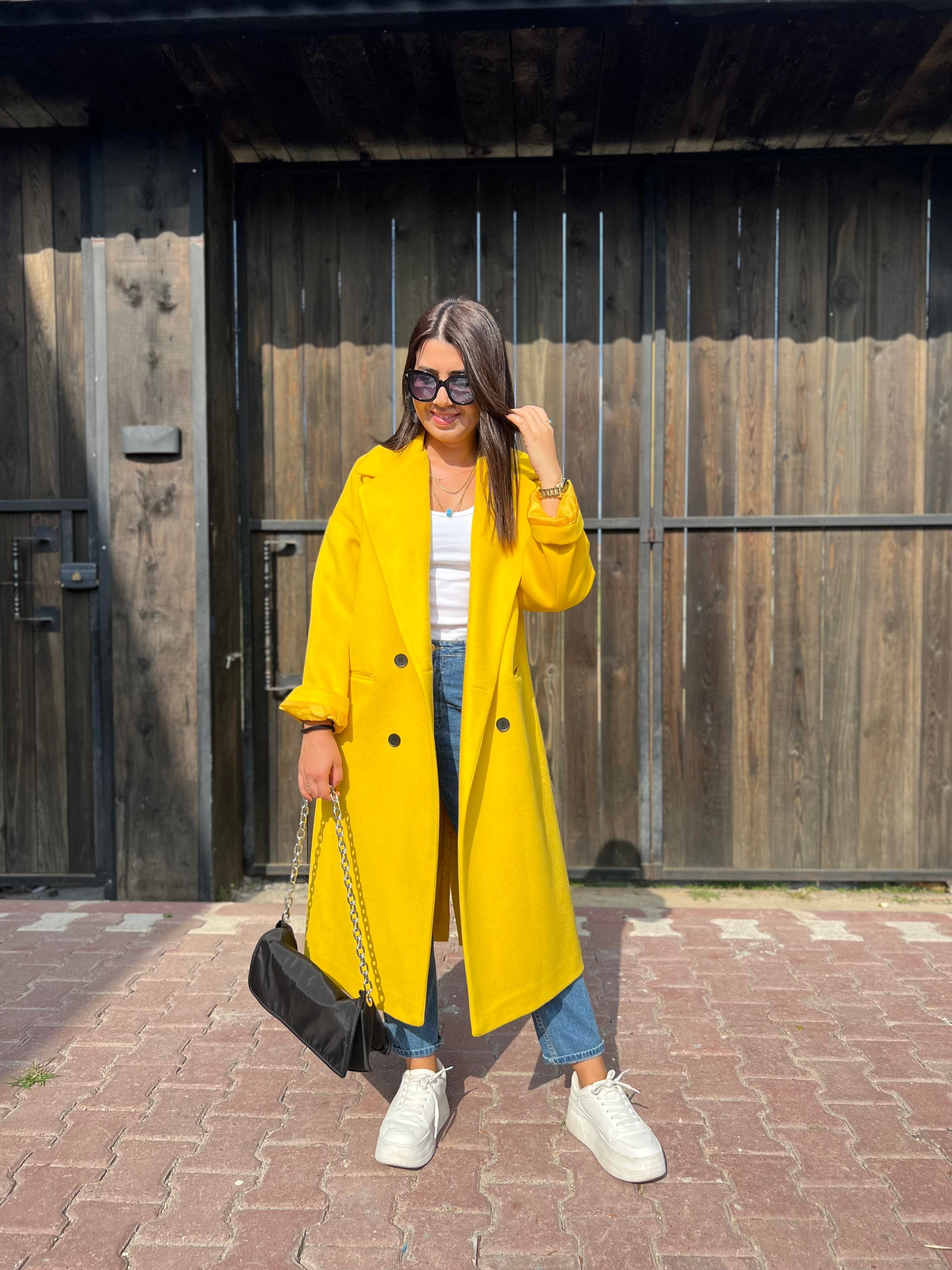Premium Kalite Oversize Kaşe Kaban Hardal