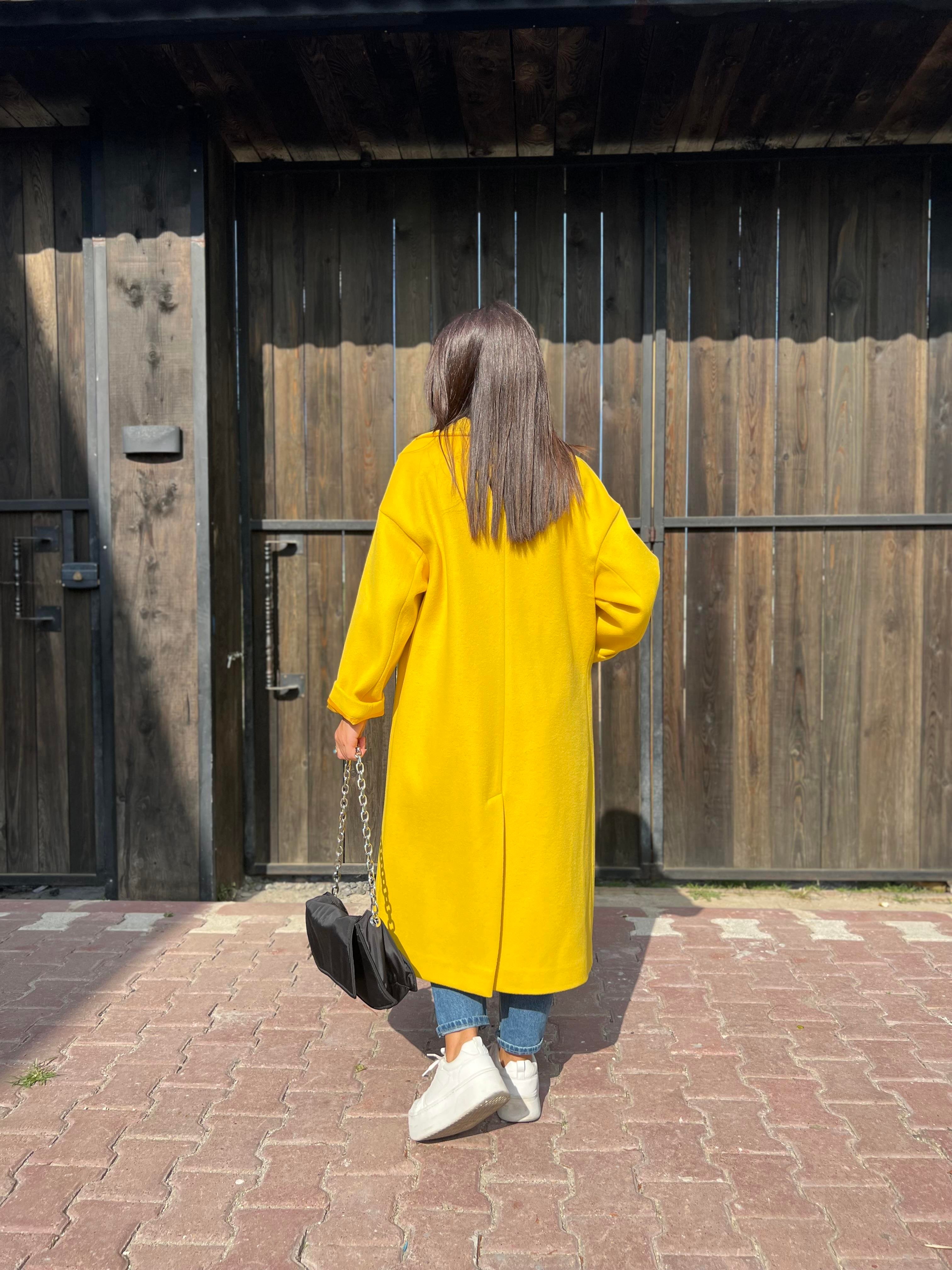 Premium Kalite Oversize Kaşe Kaban Hardal