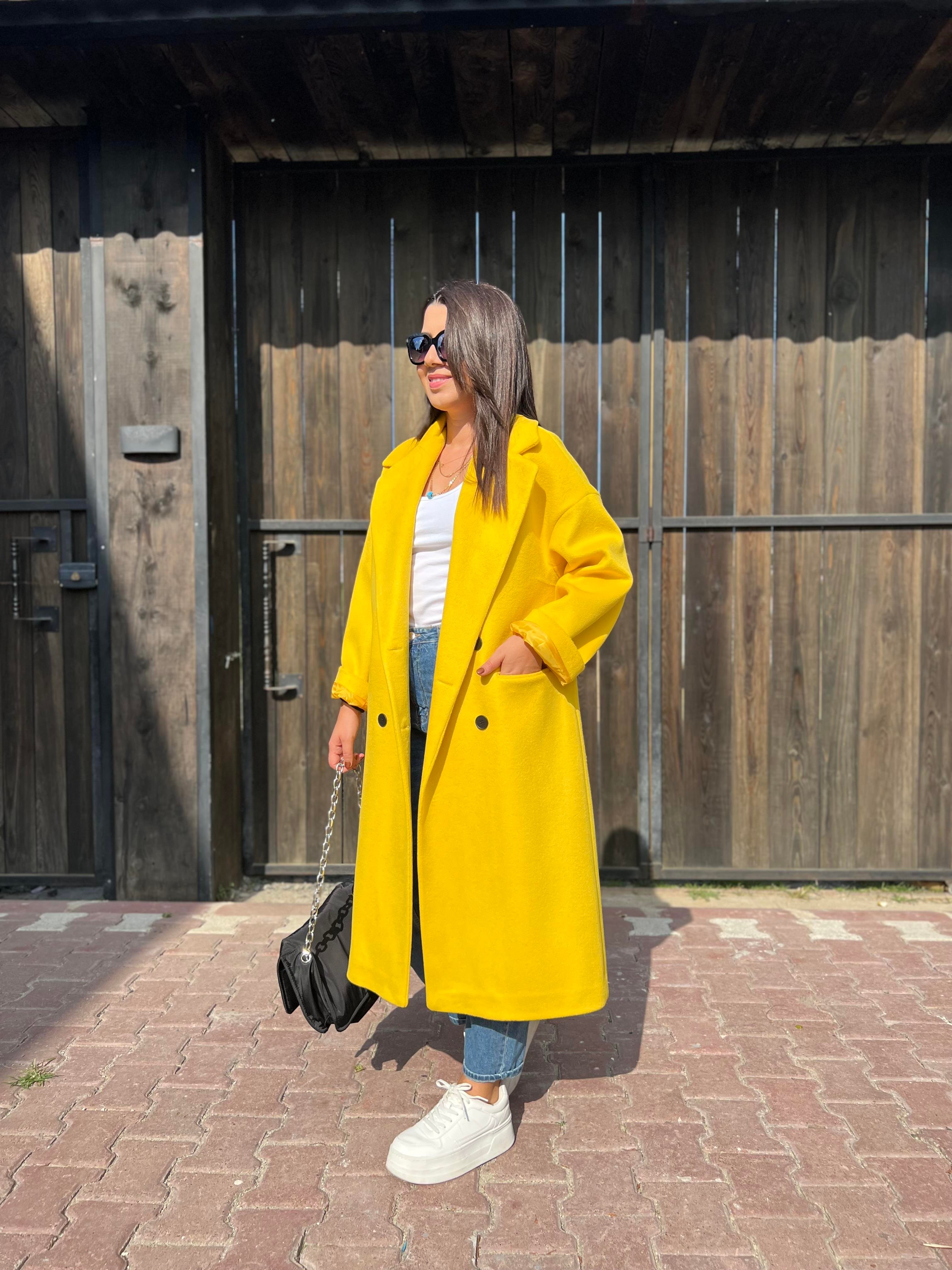 Premium Kalite Oversize Kaşe Kaban Hardal