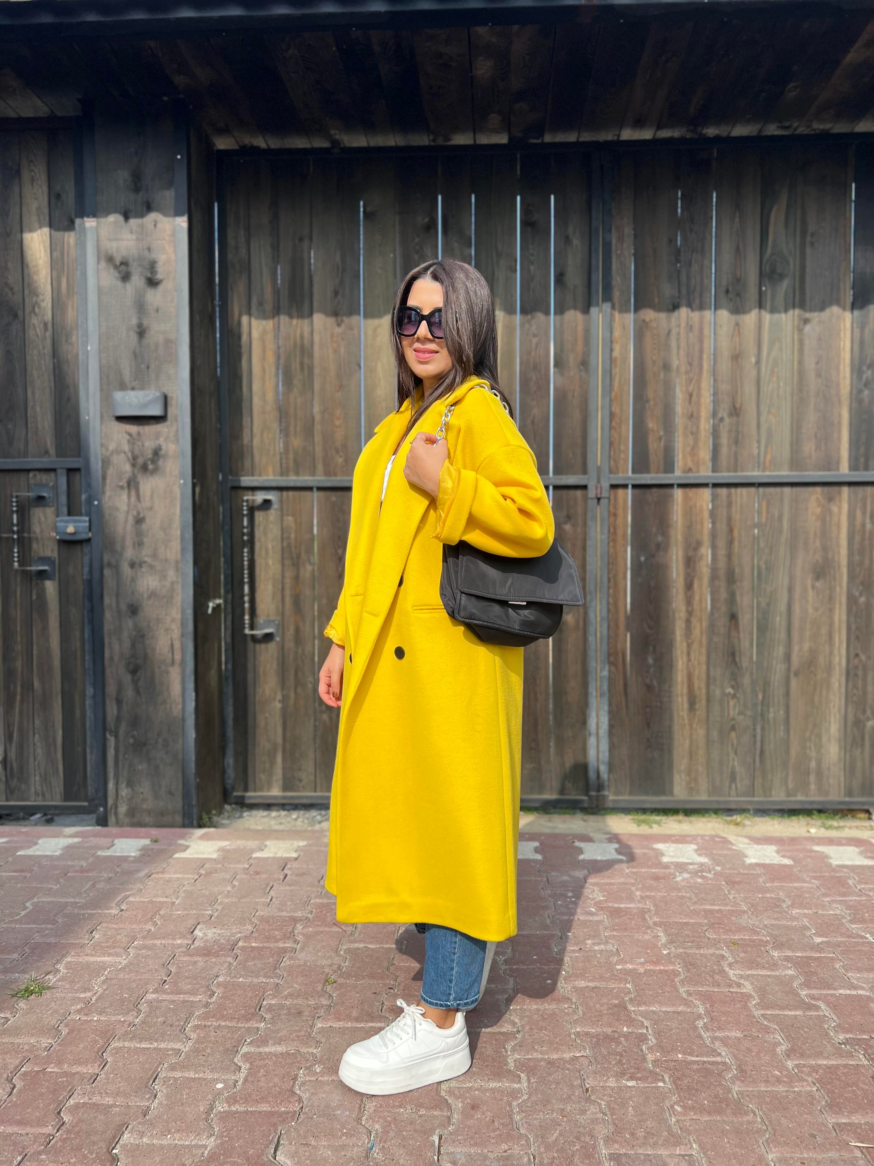 Premium Kalite Oversize Kaşe Kaban Hardal