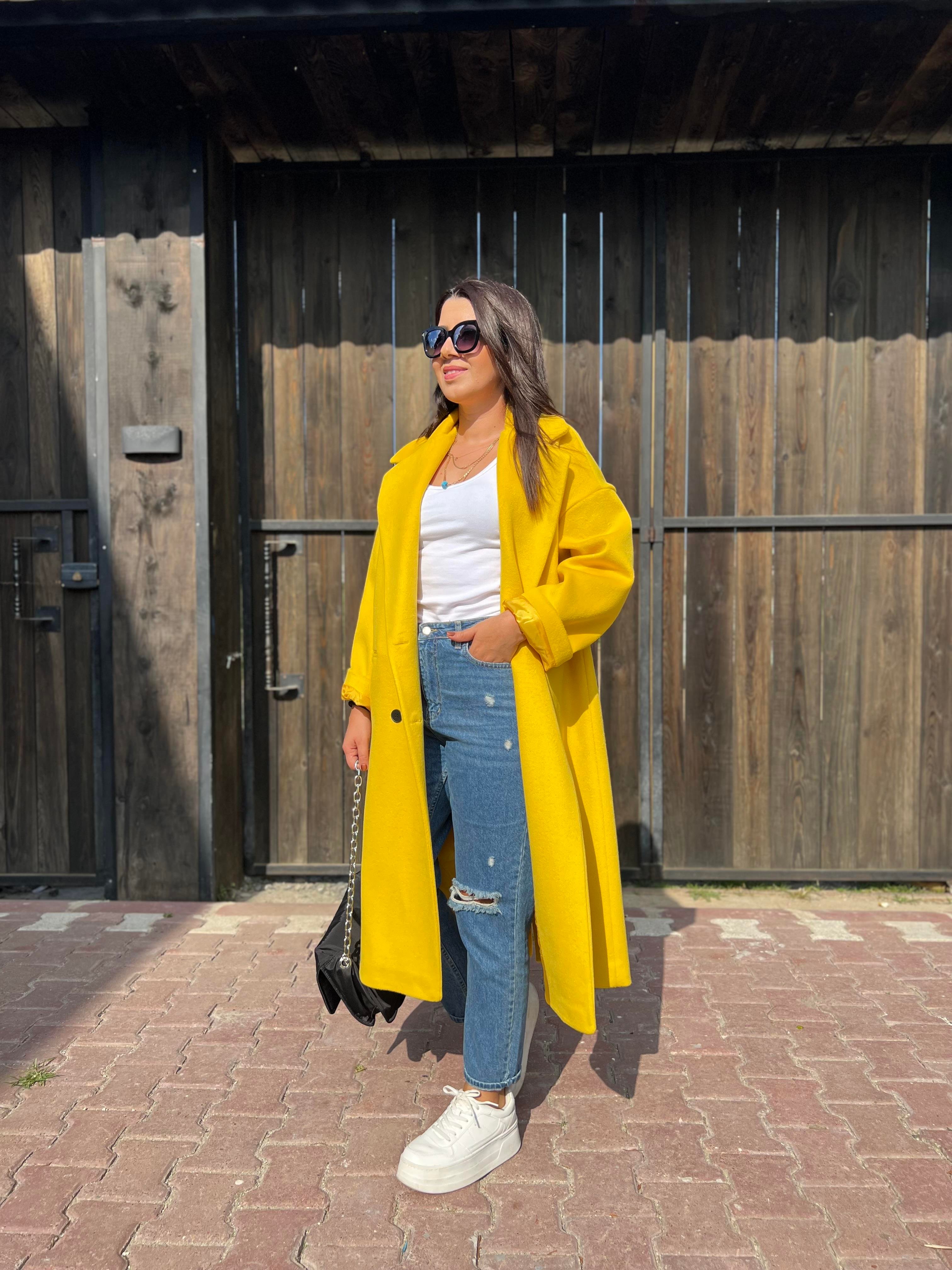Premium Kalite Oversize Kaşe Kaban Hardal