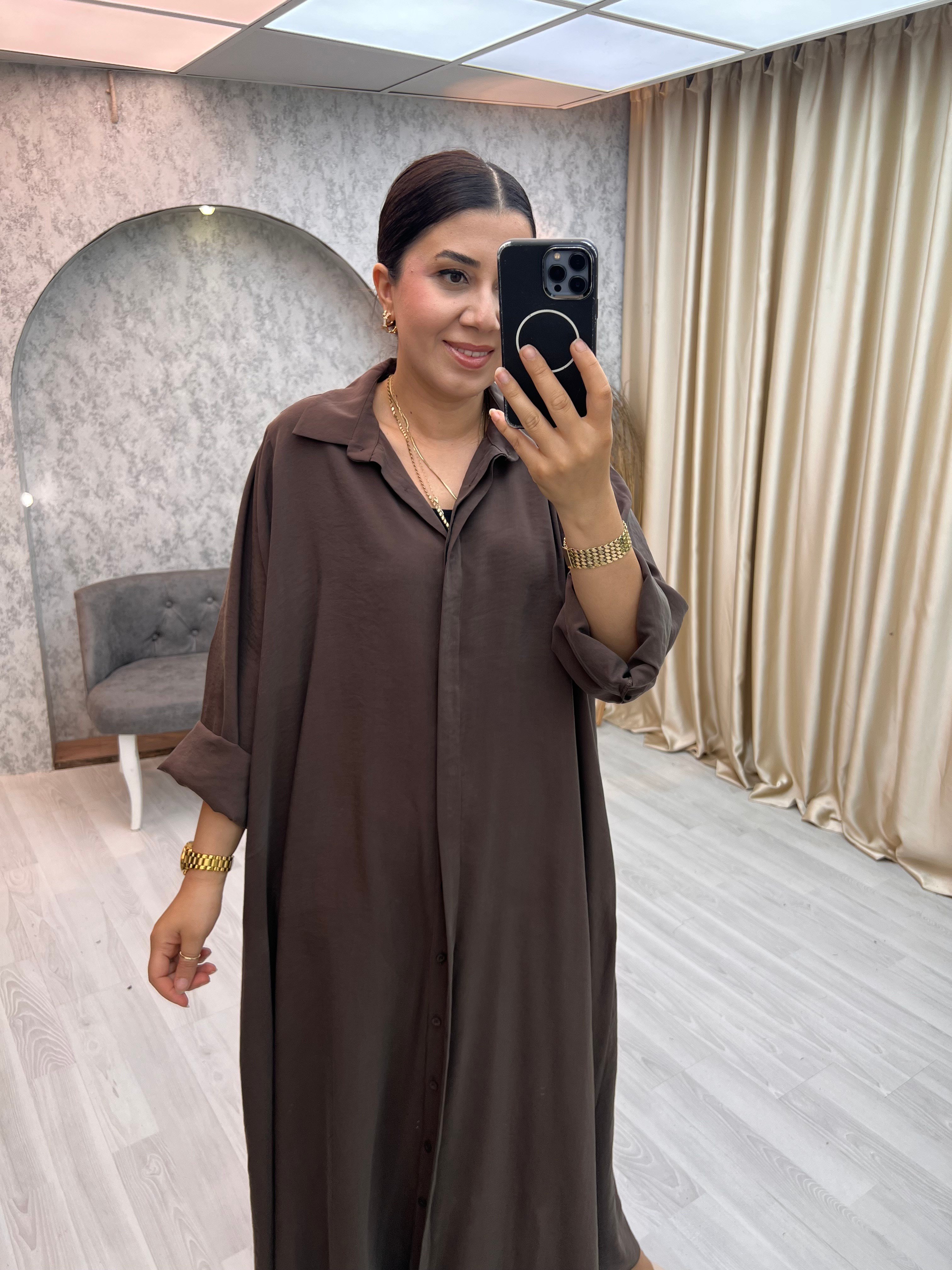 Premium Kemerli Salaş Elbise Kahverengi