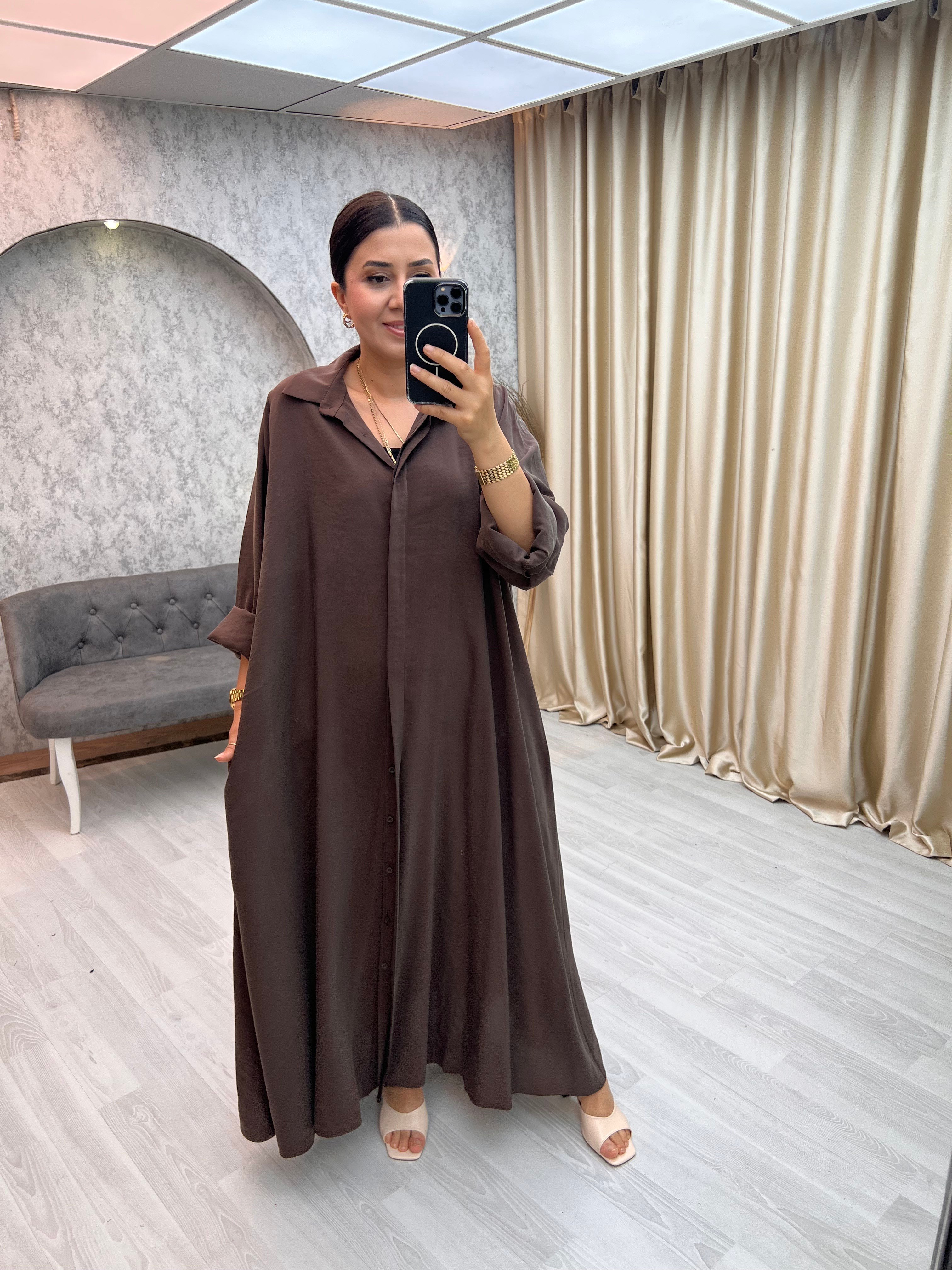 Premium Kemerli Salaş Elbise Kahverengi