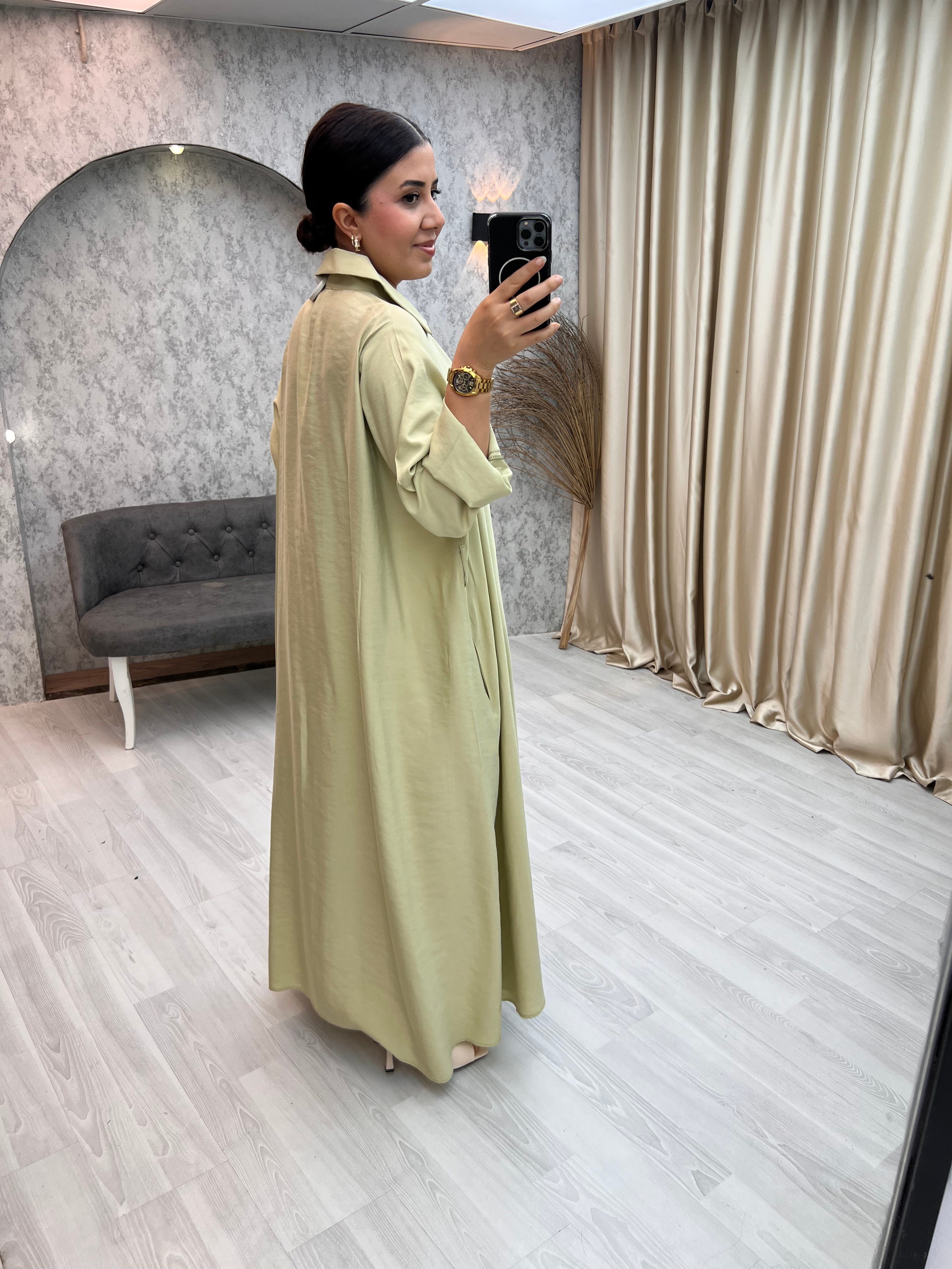 Premium Kemerli Salaş Elbise Yağ Yeşili