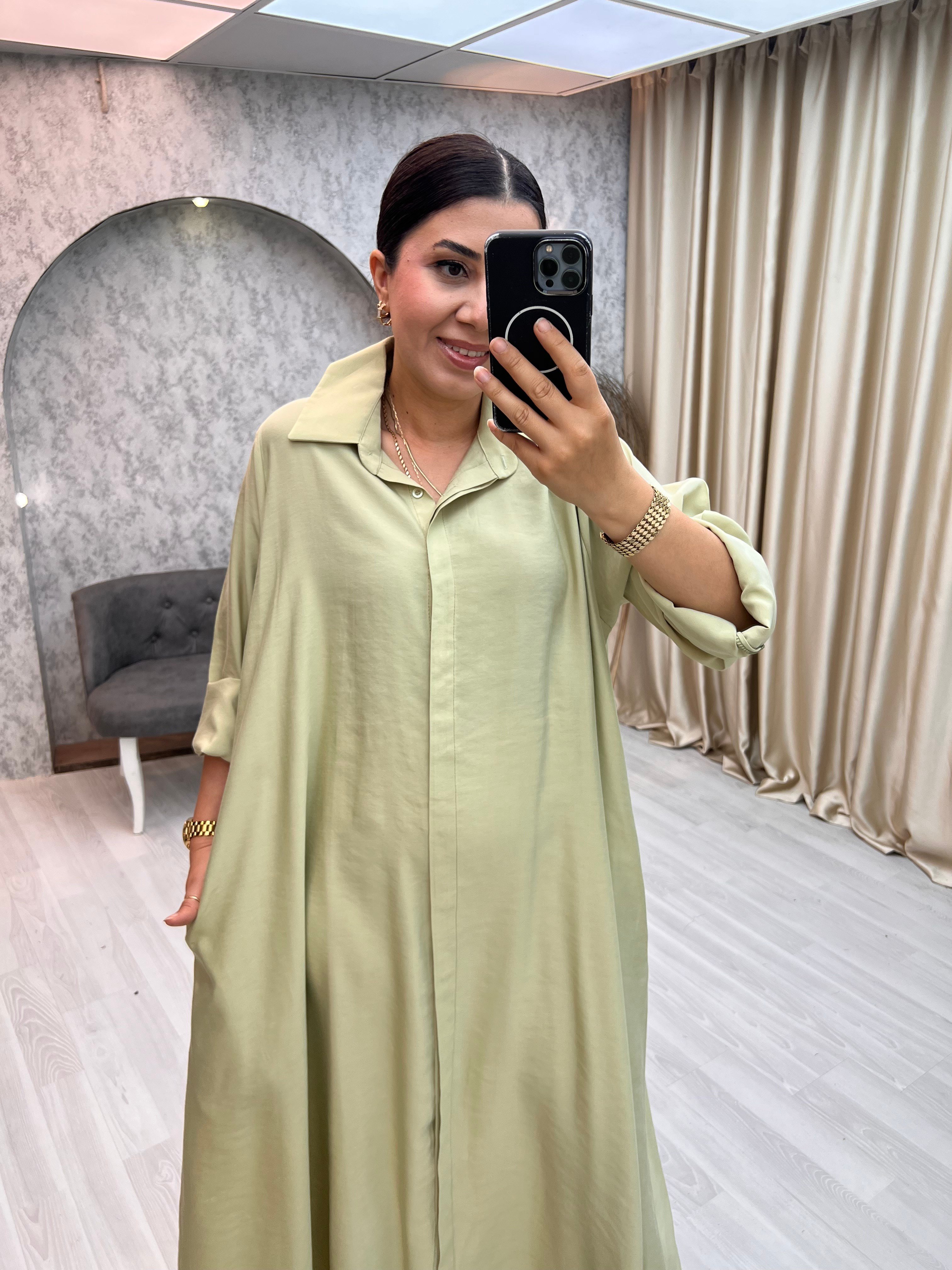 Premium Kemerli Salaş Elbise Yağ Yeşili