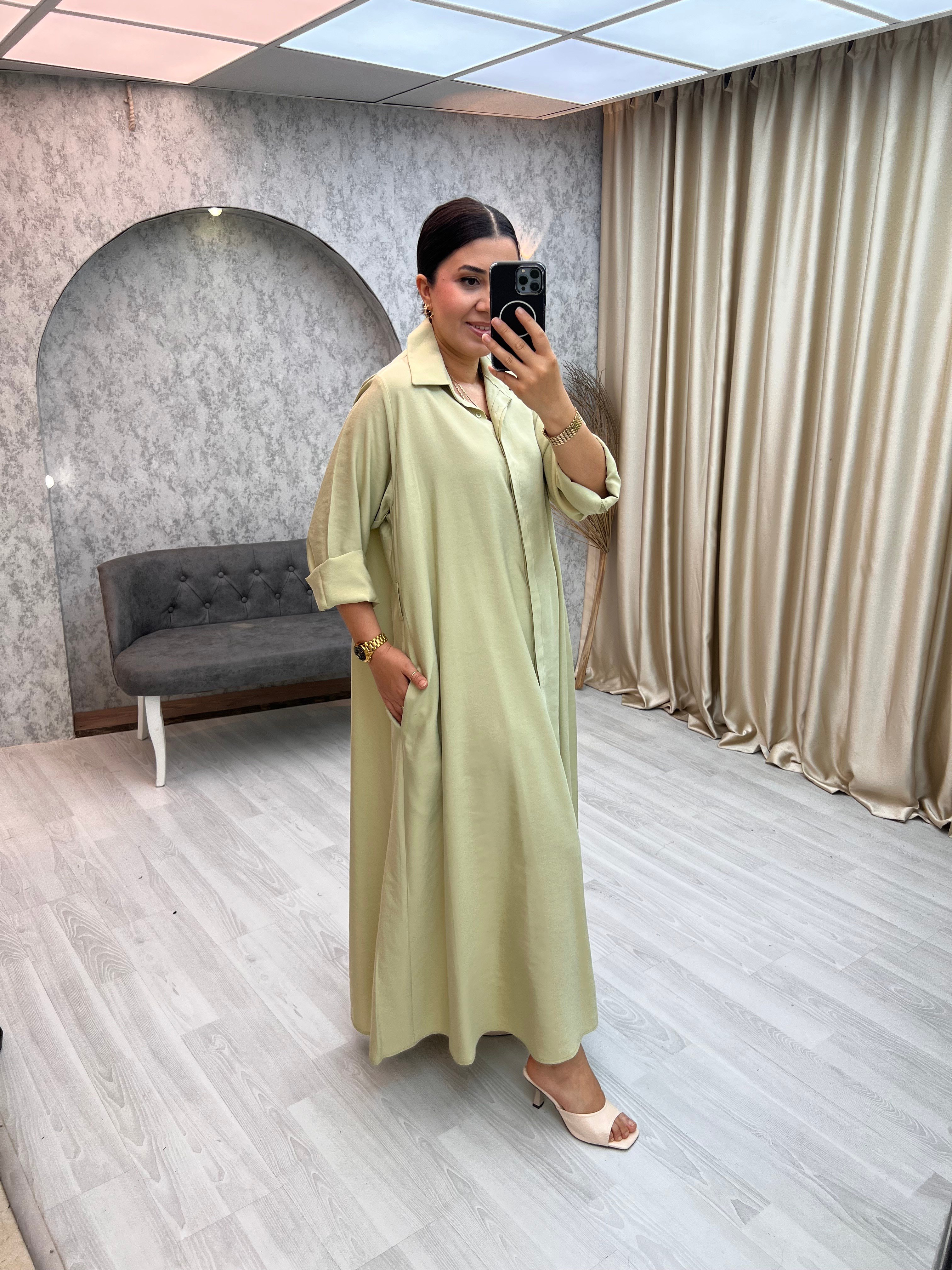 Premium Kemerli Salaş Elbise Yağ Yeşili