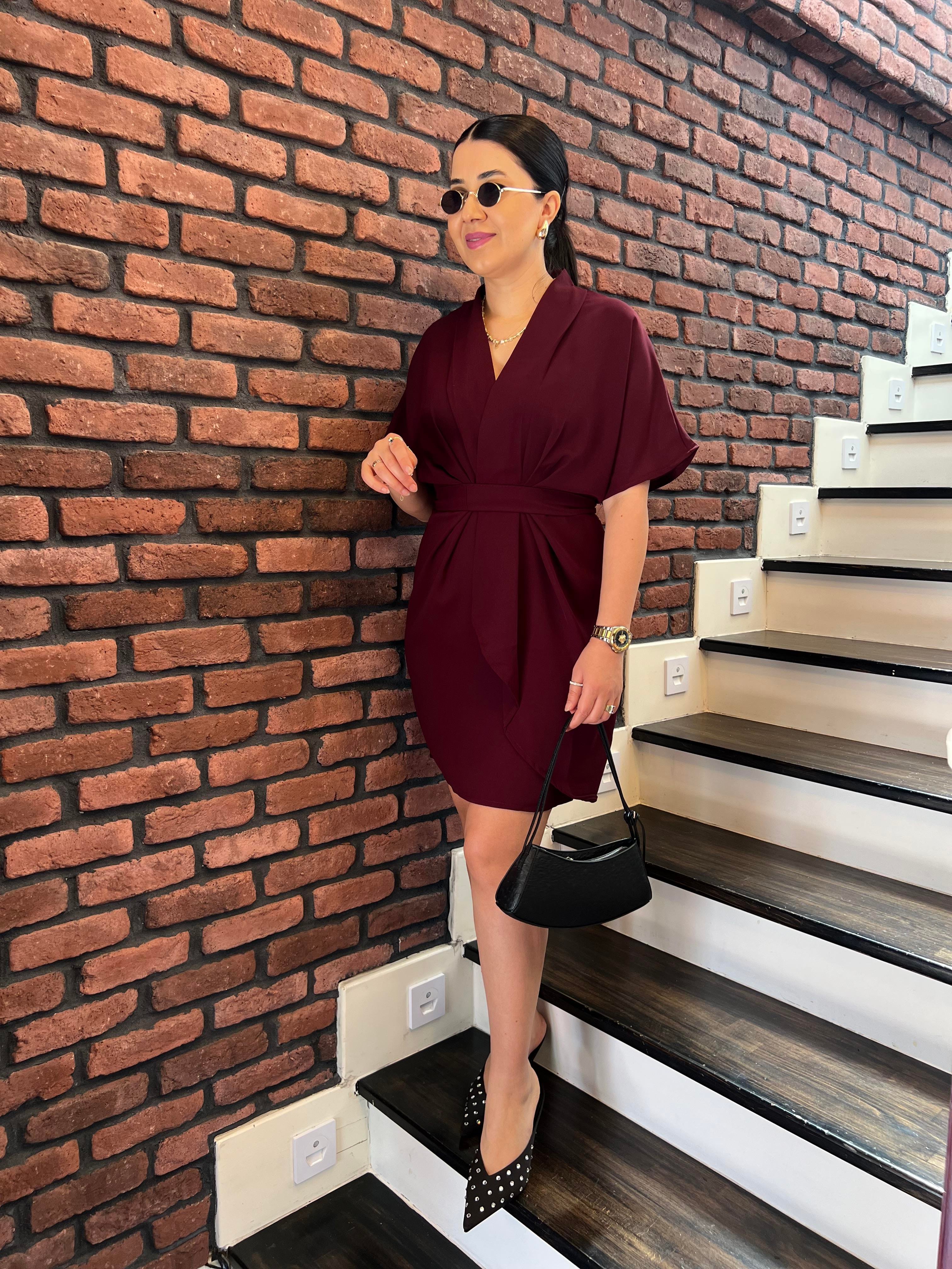 Premium Kruvaze Kemerli Kısa Elbise Mürdüm