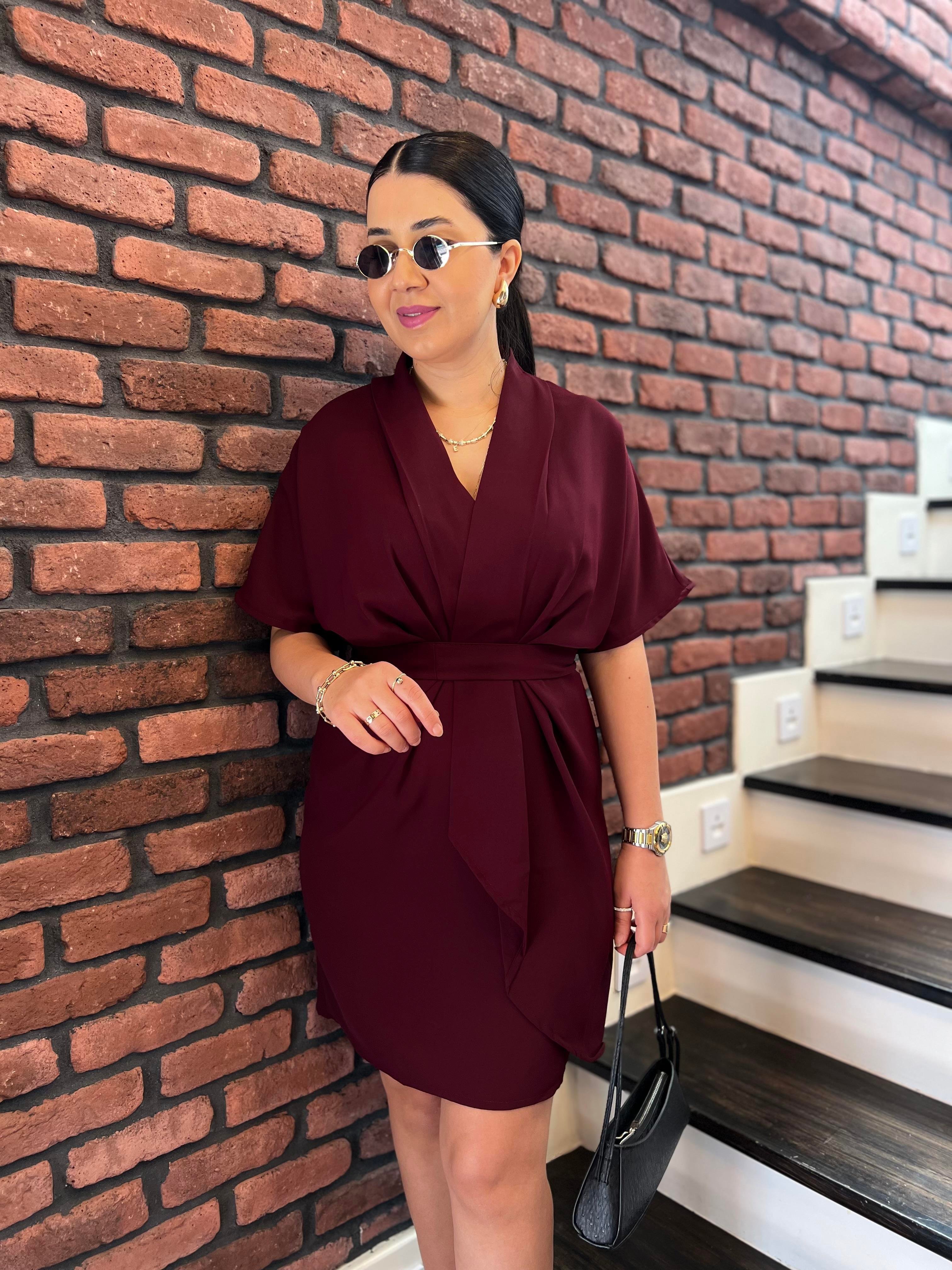 Premium Kruvaze Kemerli Kısa Elbise Mürdüm