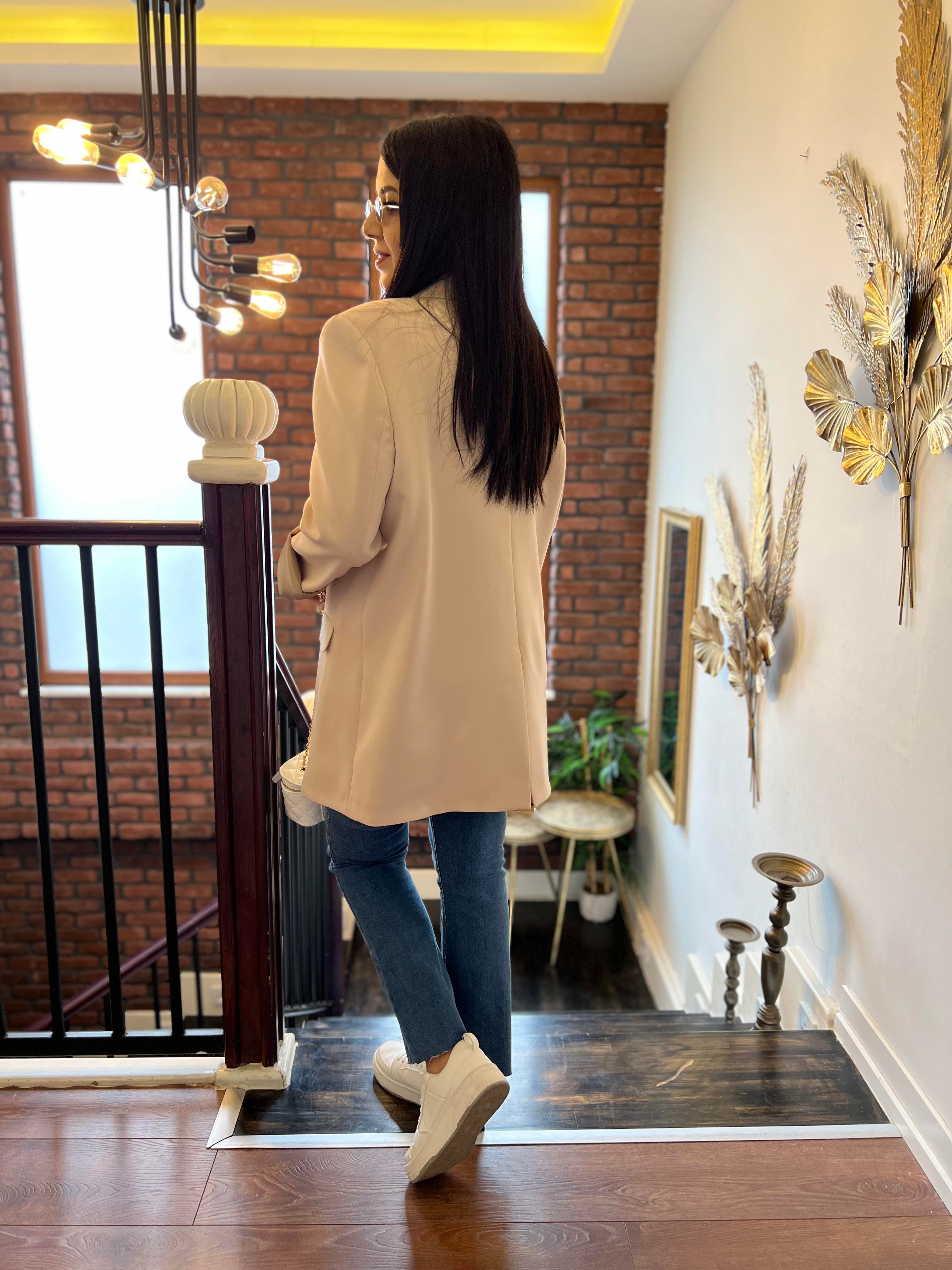 Premium Oversize Çift Düğme Ceket Pudra