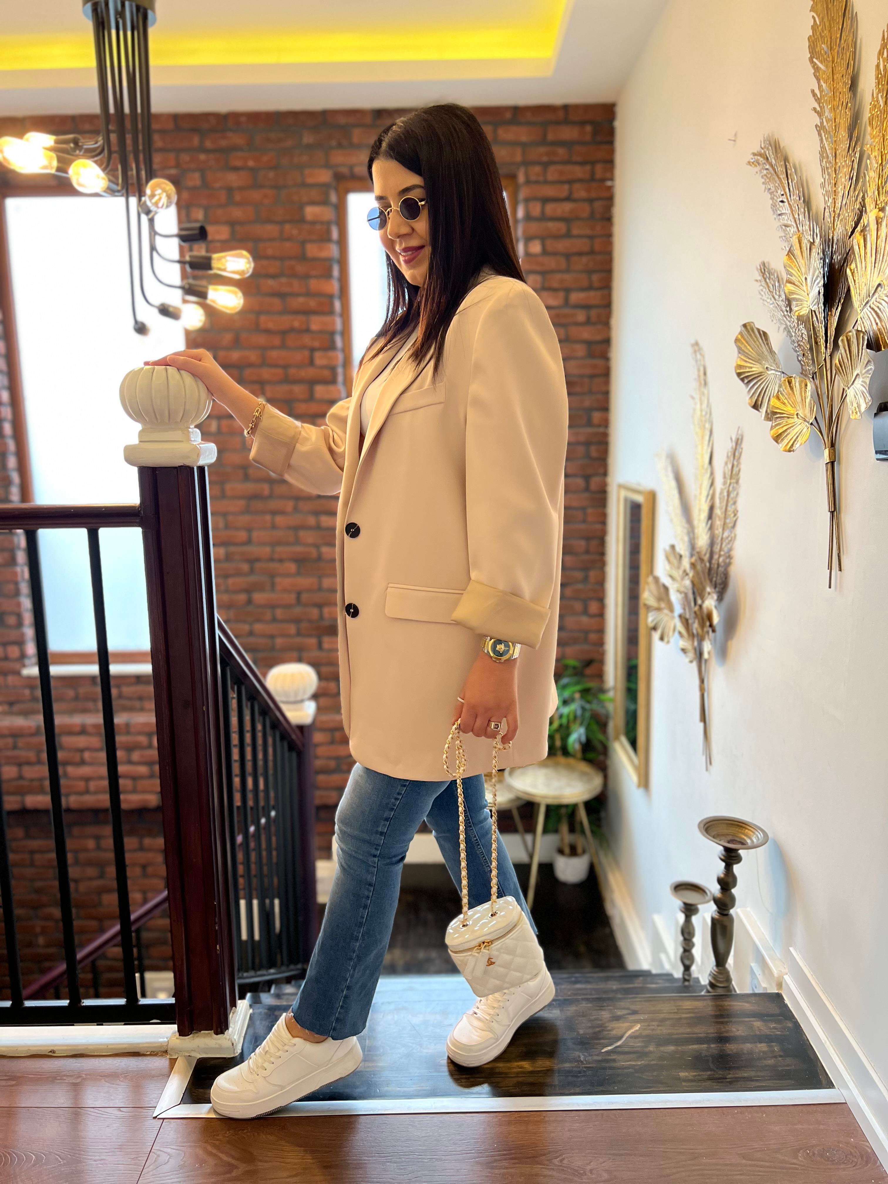 Premium Oversize Çift Düğme Ceket Pudra