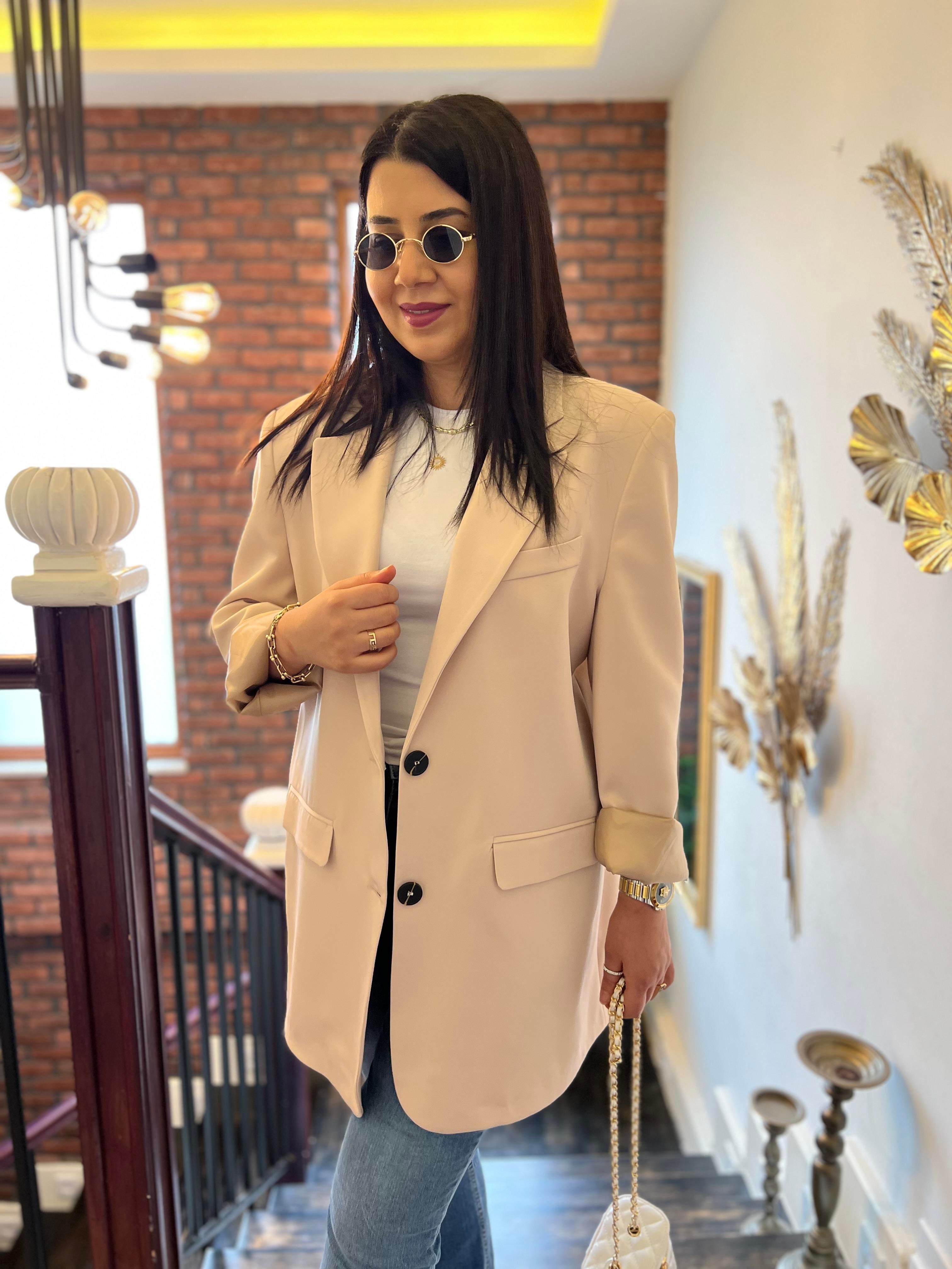 Premium Oversize Çift Düğme Ceket Pudra