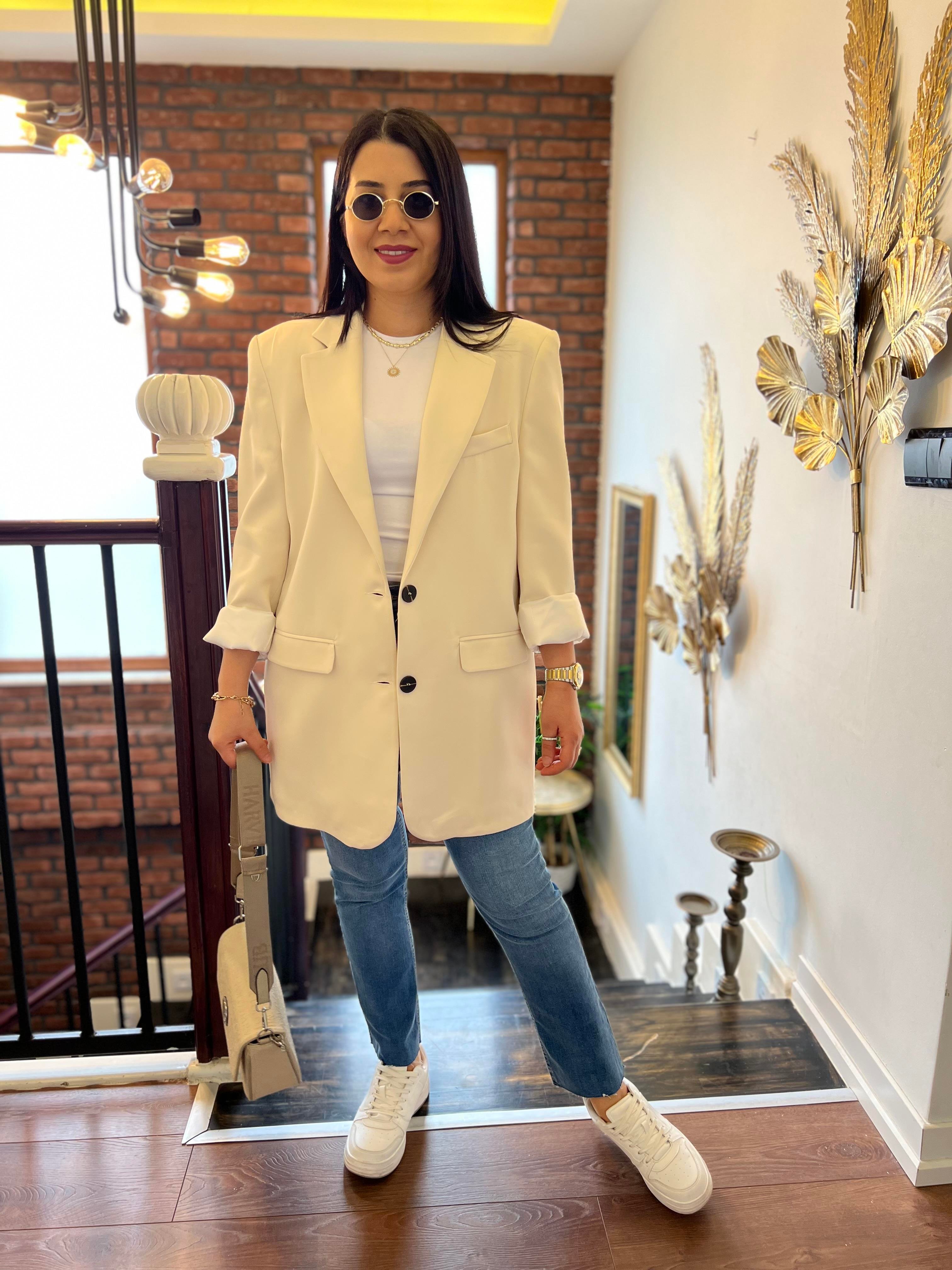 Premium Oversize Çift Düğme Ceket Taş