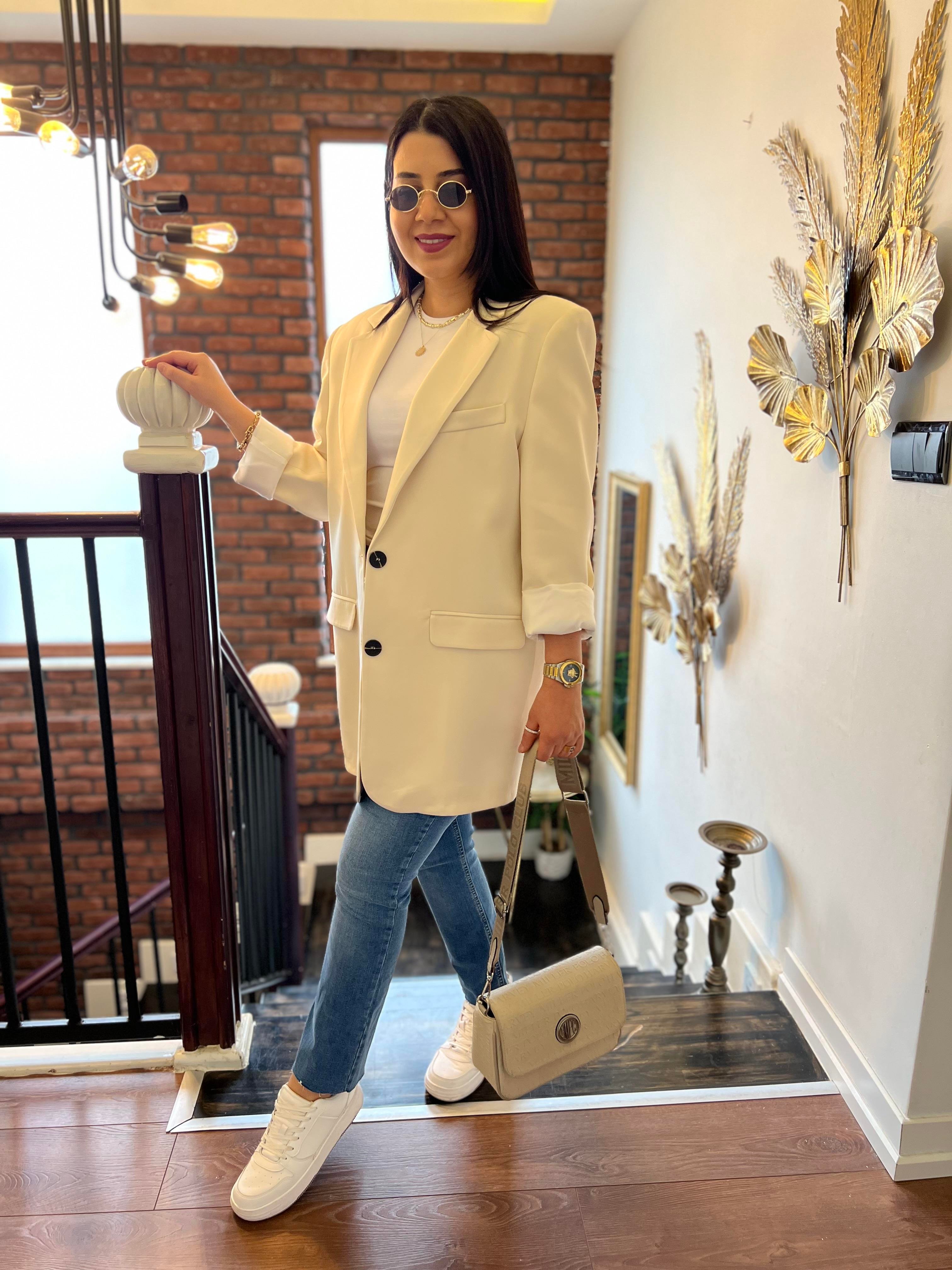 Premium Oversize Çift Düğme Ceket Taş