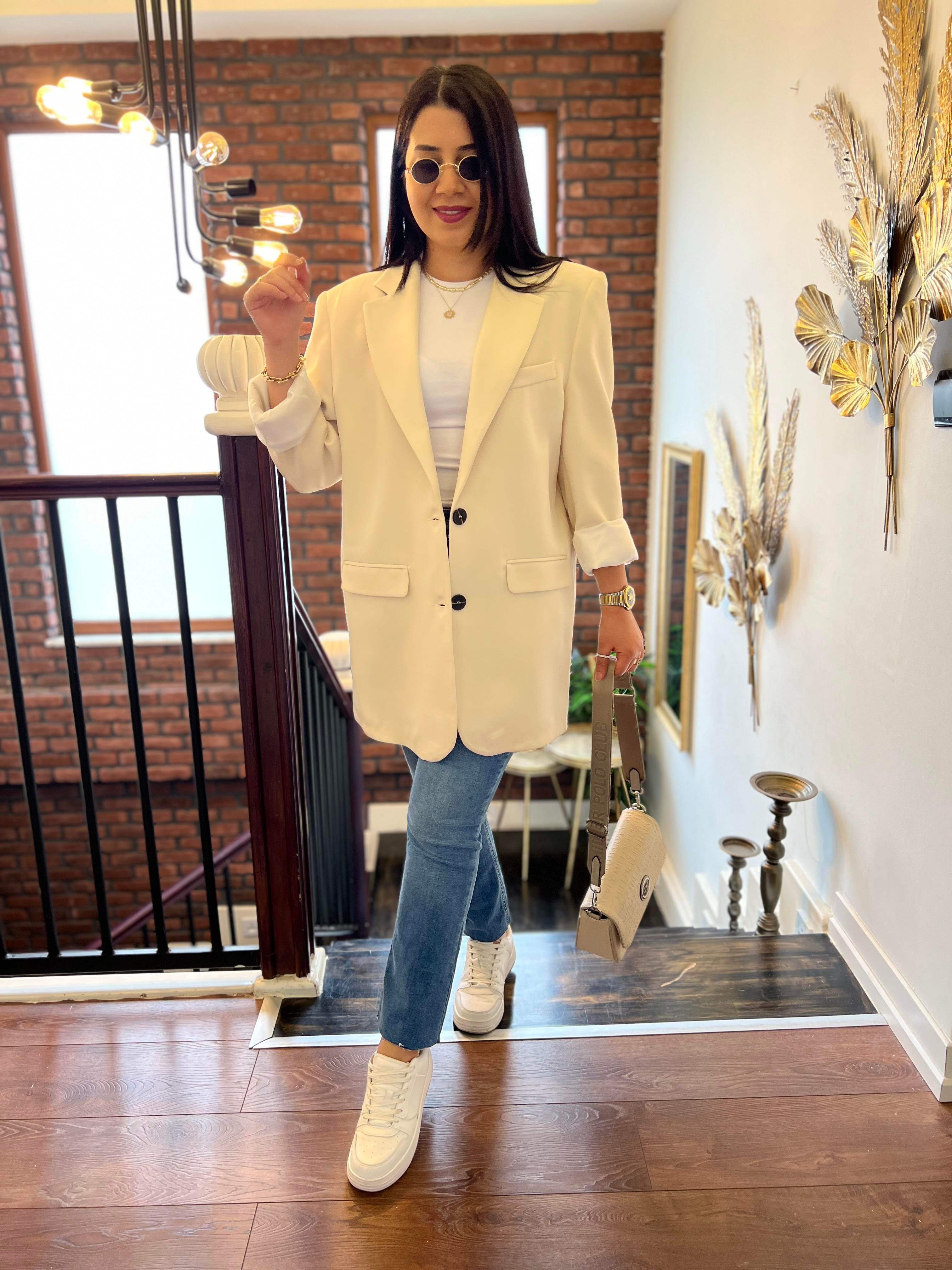 Premium Oversize Çift Düğme Ceket Taş