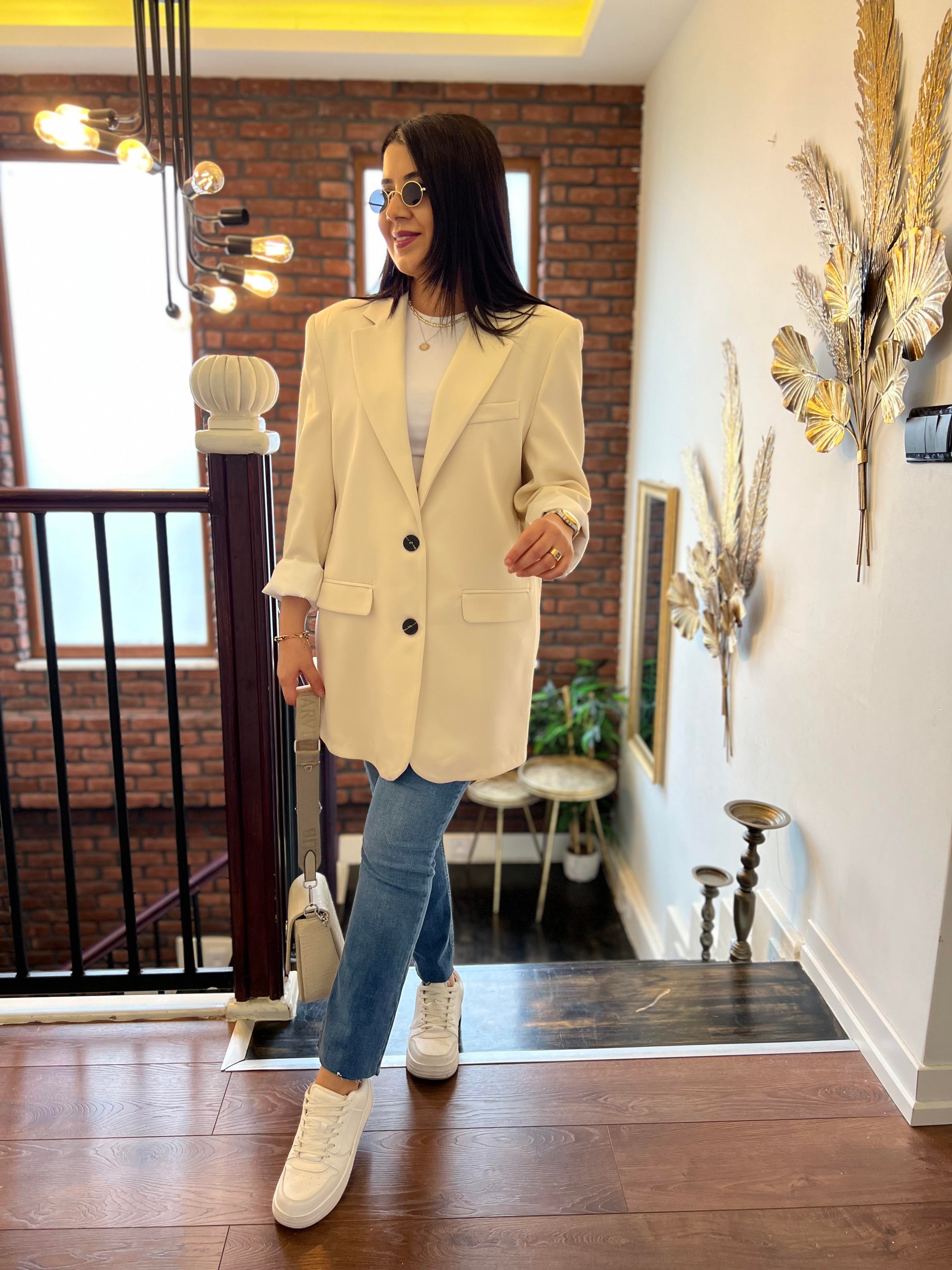 Premium Oversize Çift Düğme Ceket Taş