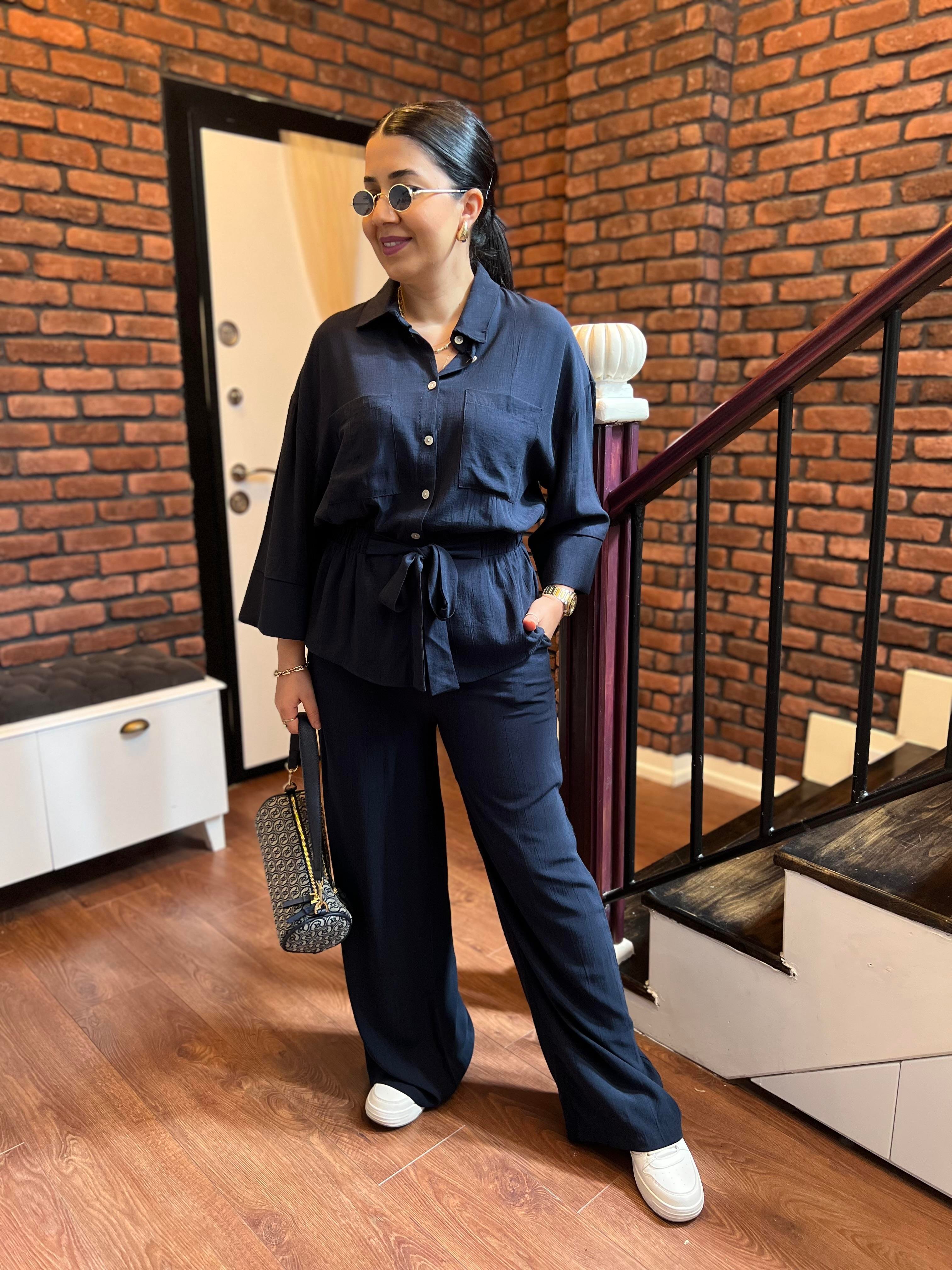 Premium Pamuk Saten Beli Bağlamalı Takım Lacivert