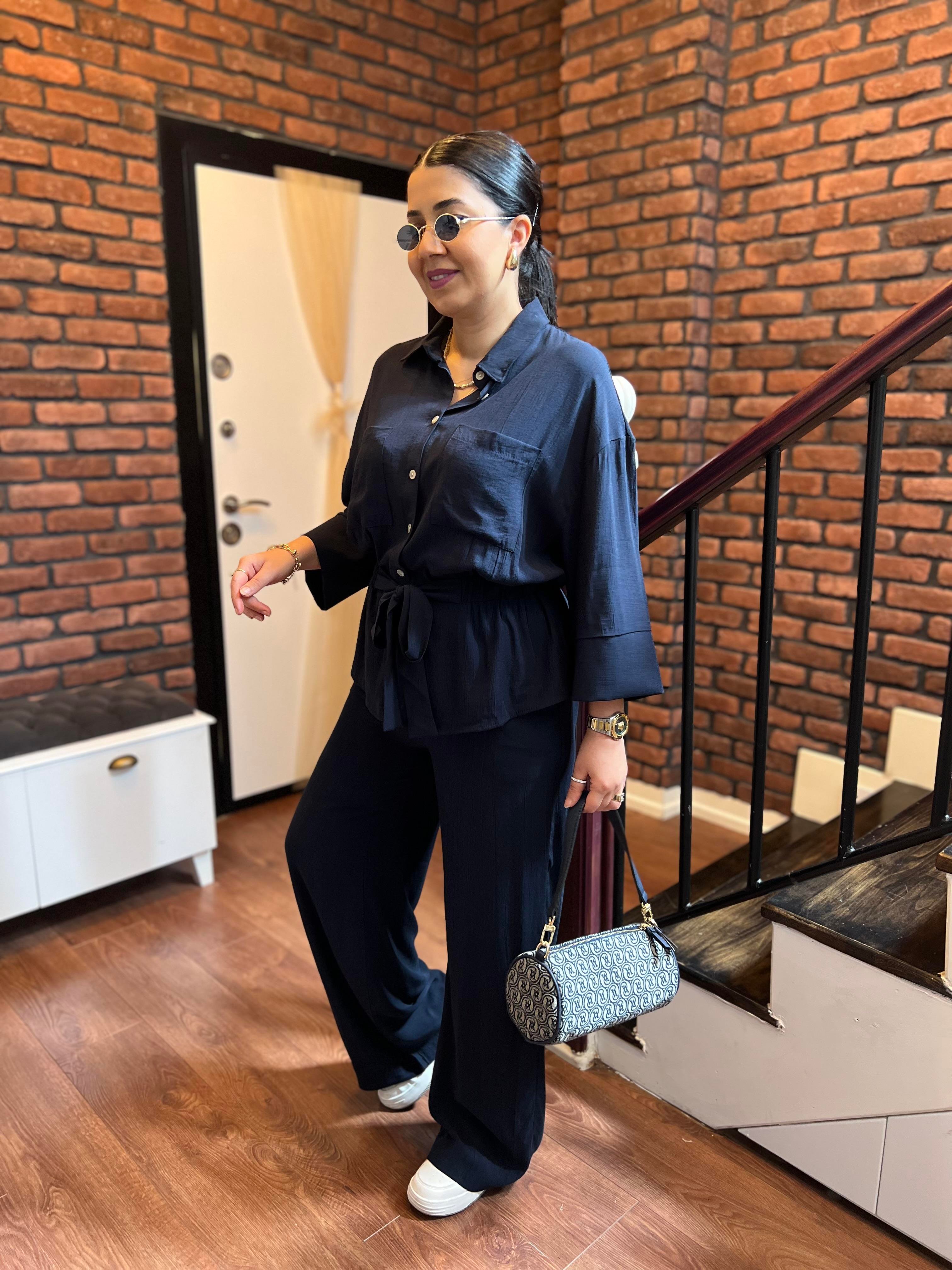 Premium Pamuk Saten Beli Bağlamalı Takım Lacivert