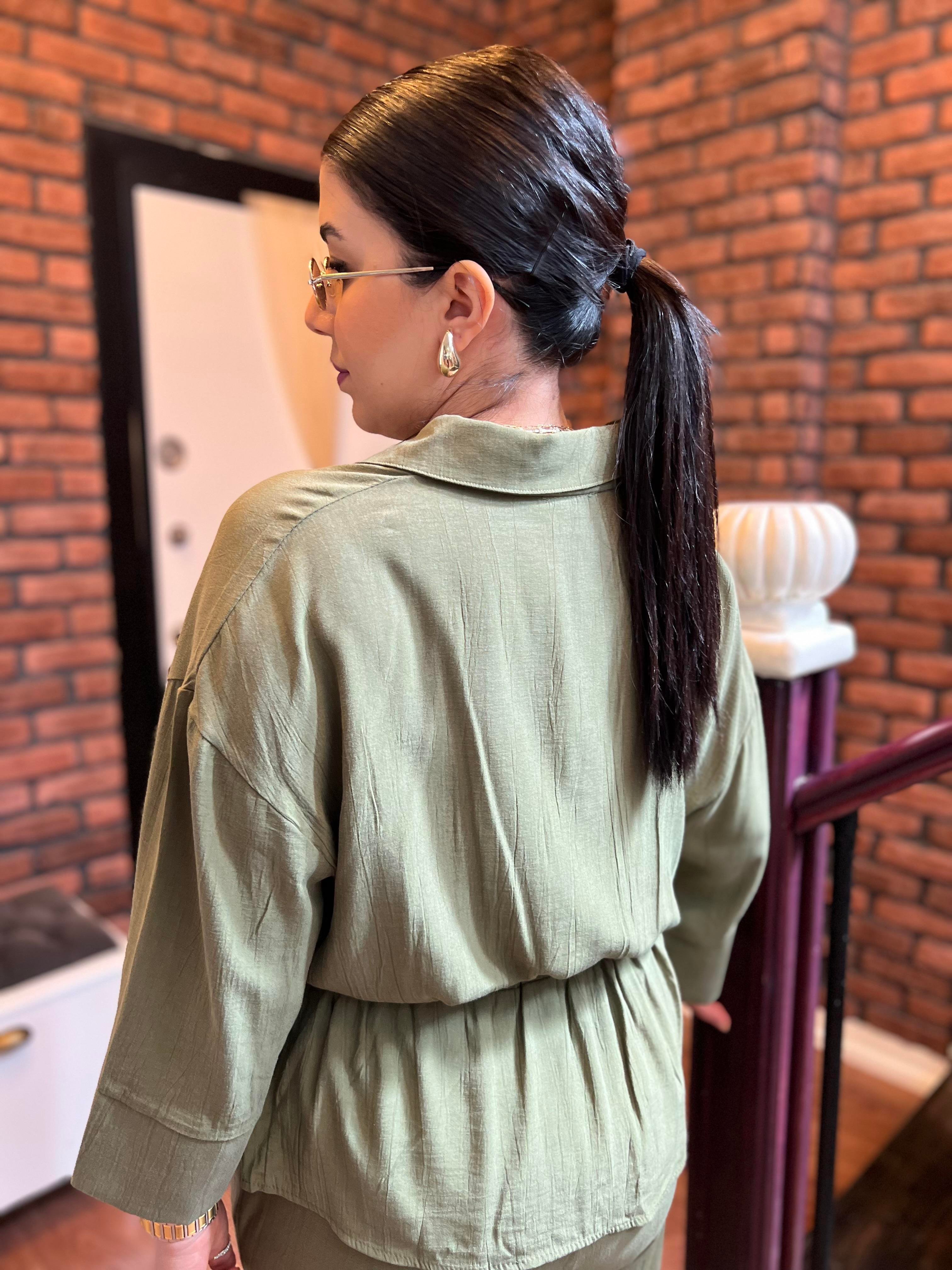 Premium Pamuk Saten Beli Bağlamalı Takım Haki
