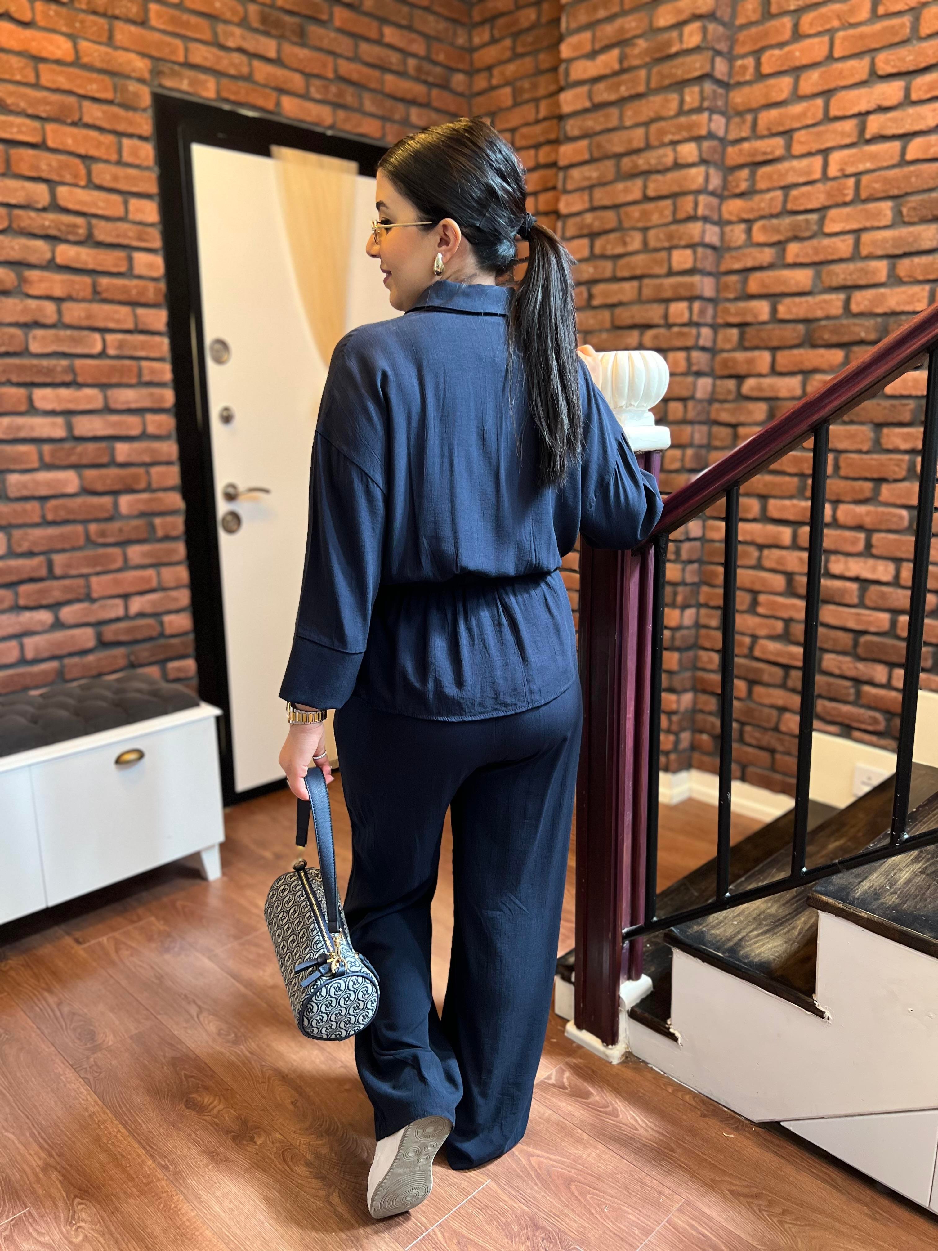 Premium Pamuk Saten Beli Bağlamalı Takım Lacivert