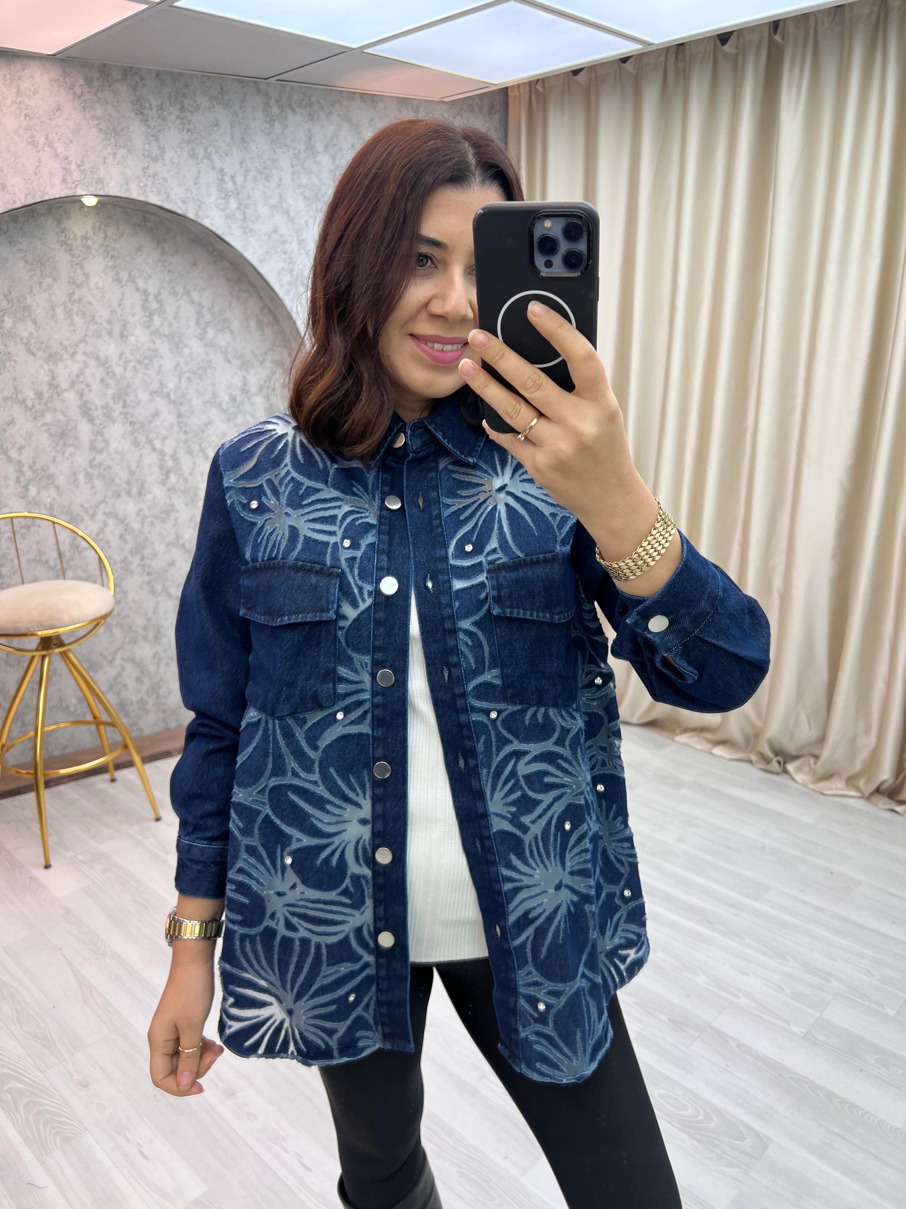 Premium Transparan Taşlı Jean Ceket Mavi