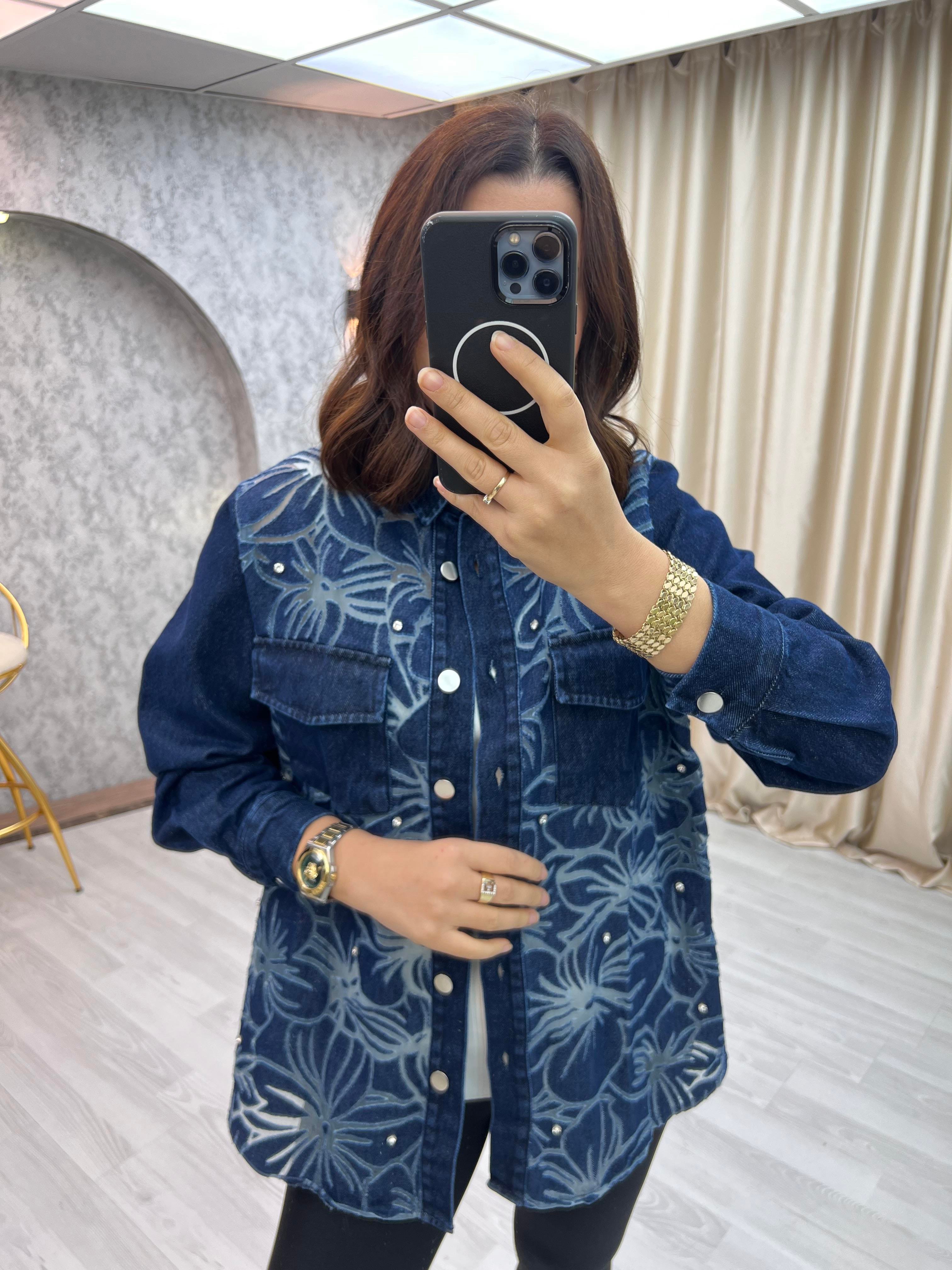 Premium Transparan Taşlı Jean Ceket Mavi