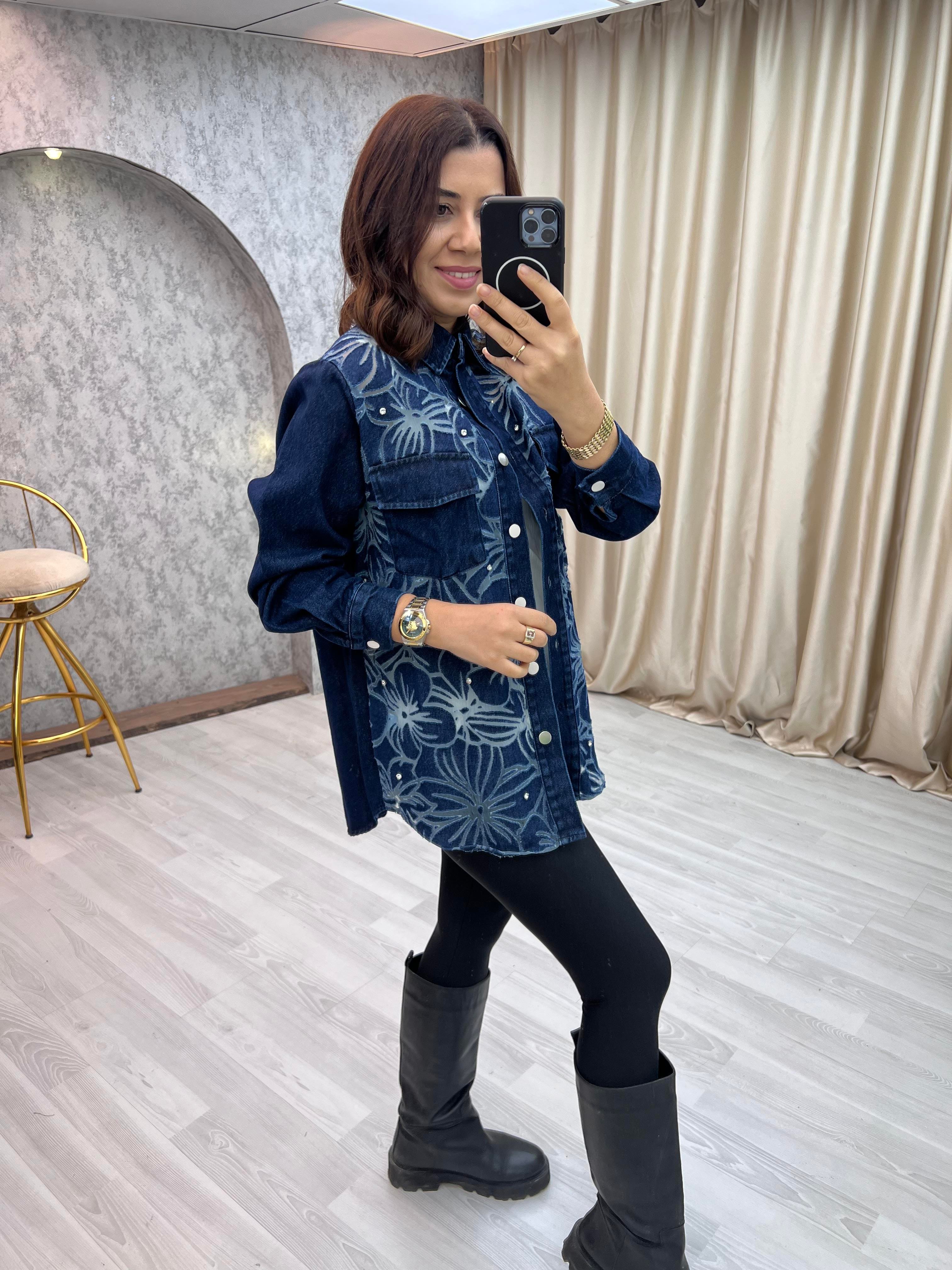 Premium Transparan Taşlı Jean Ceket Mavi