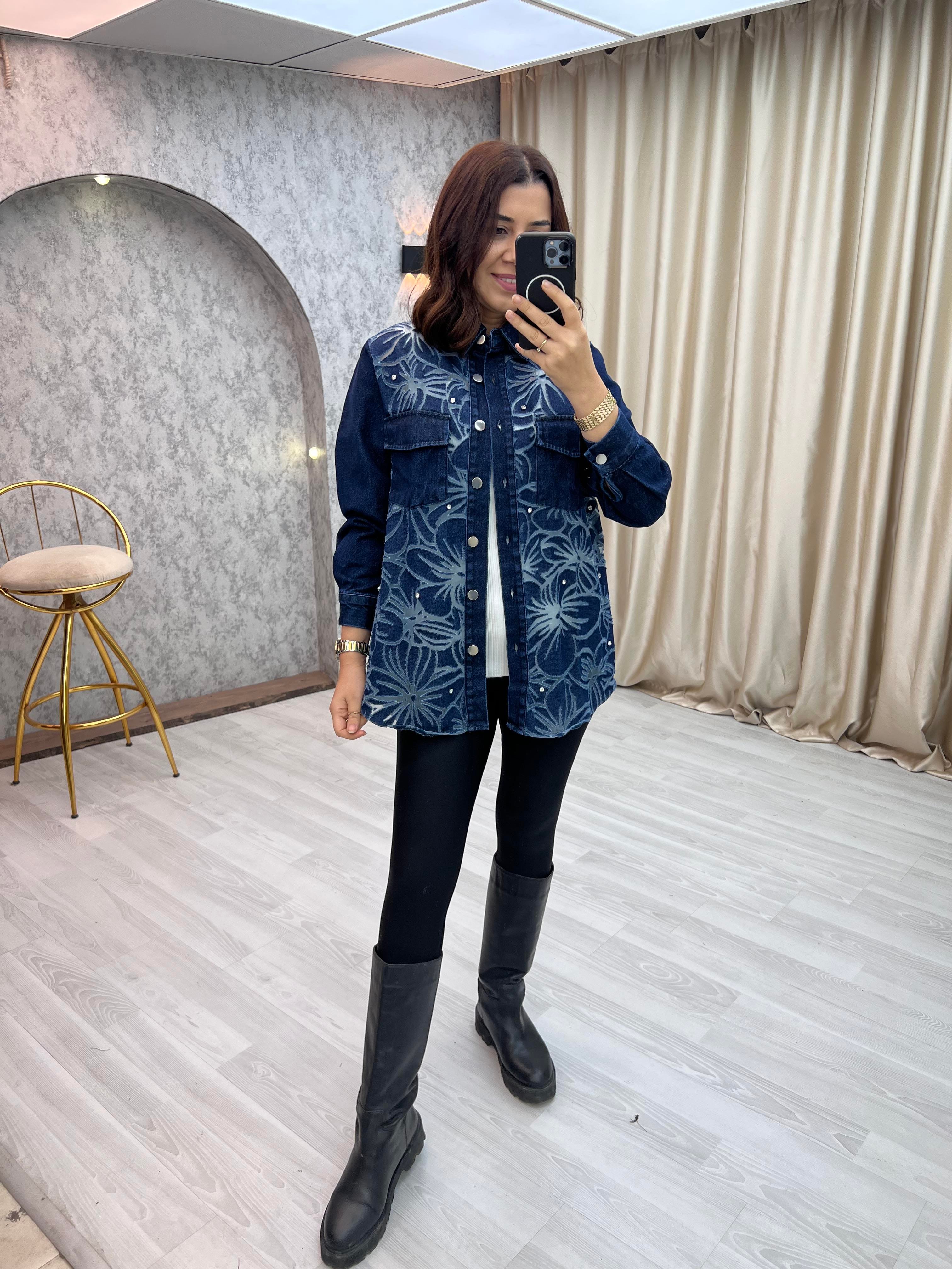 Premium Transparan Taşlı Jean Ceket Mavi