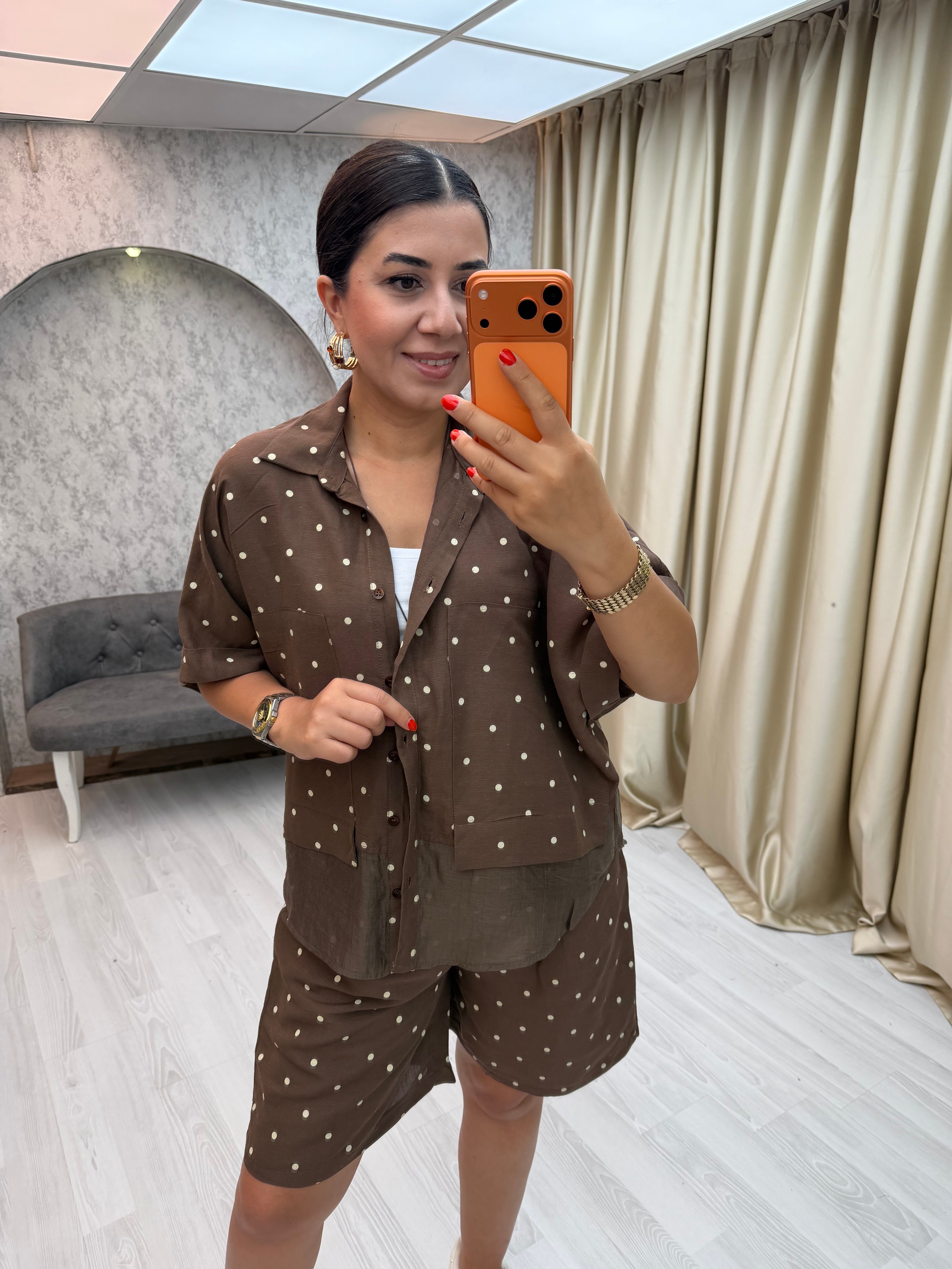 Puantiyeli  Gömlek  Şort Takım Kahverengi