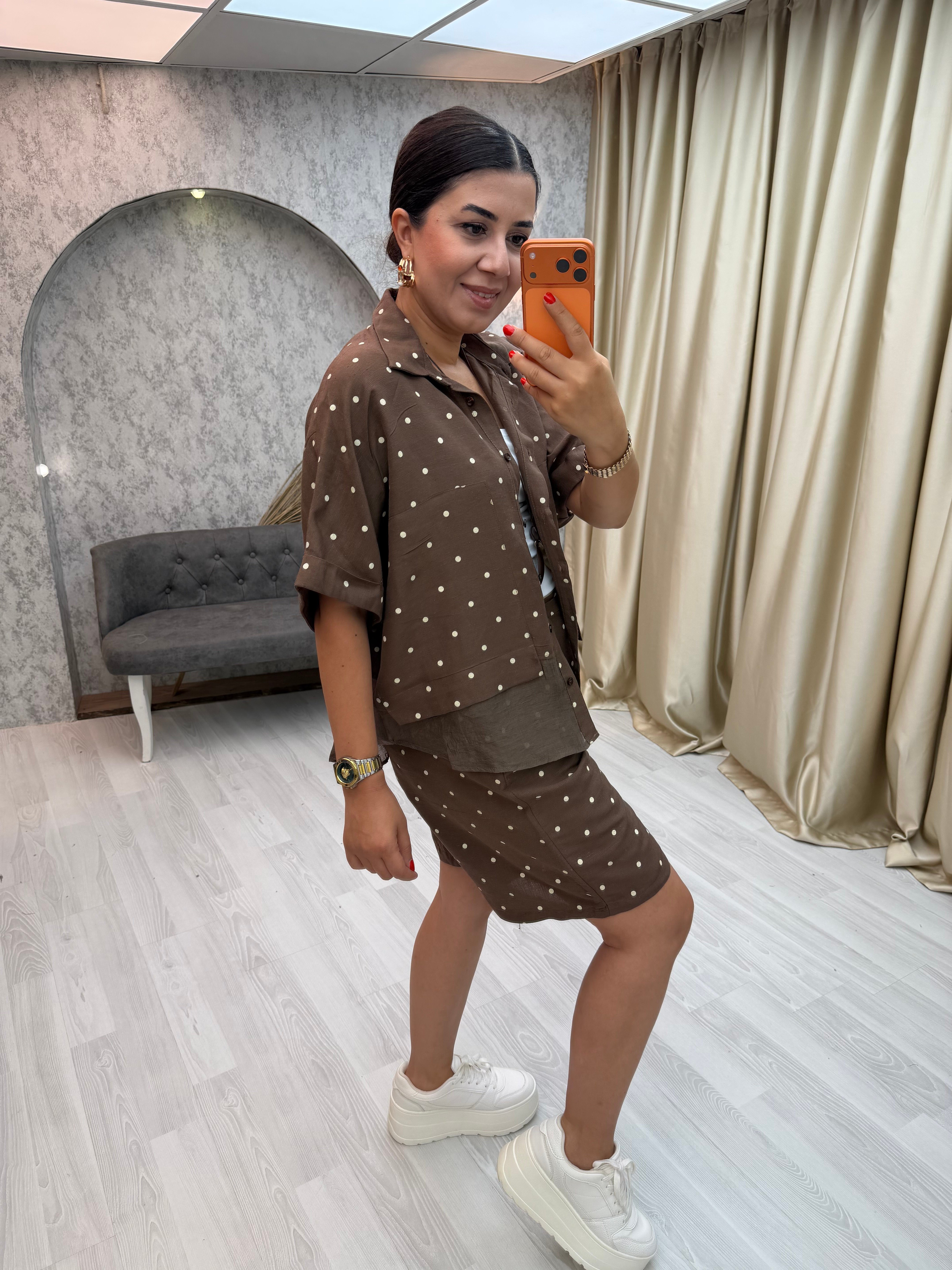 Puantiyeli  Gömlek  Şort Takım Kahverengi