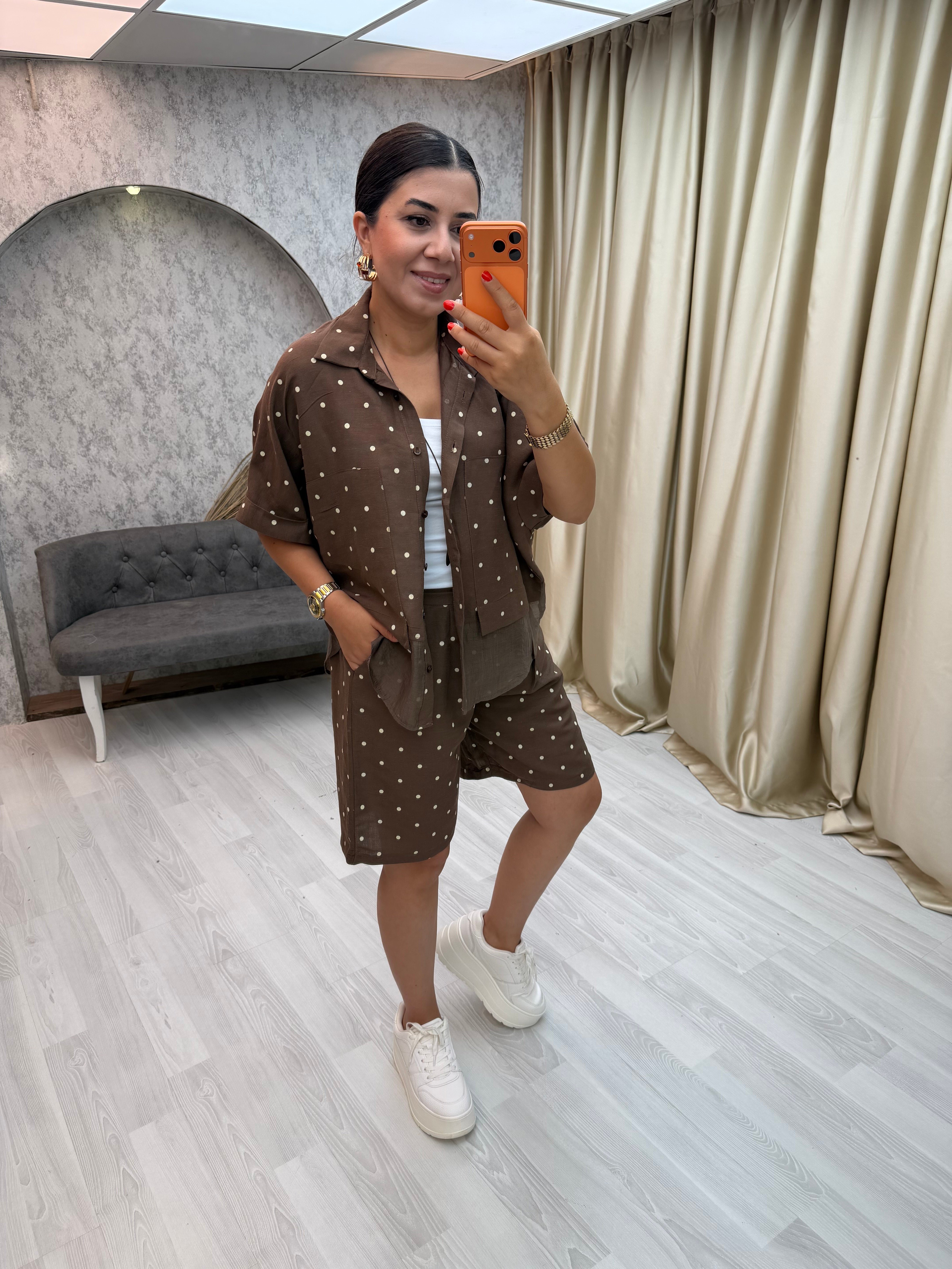 Puantiyeli  Gömlek  Şort Takım Kahverengi