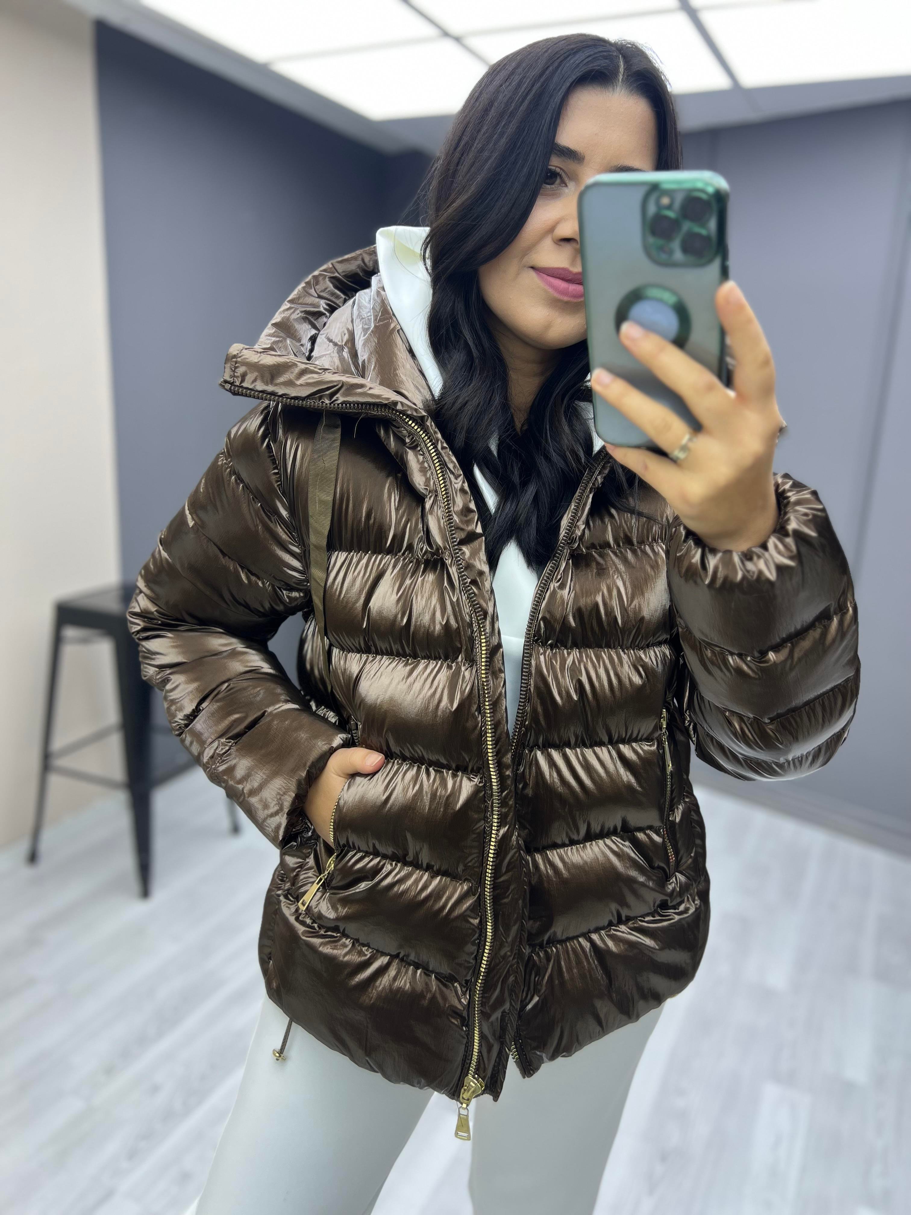 Robin Parlak Şişme Mont Kahverengi