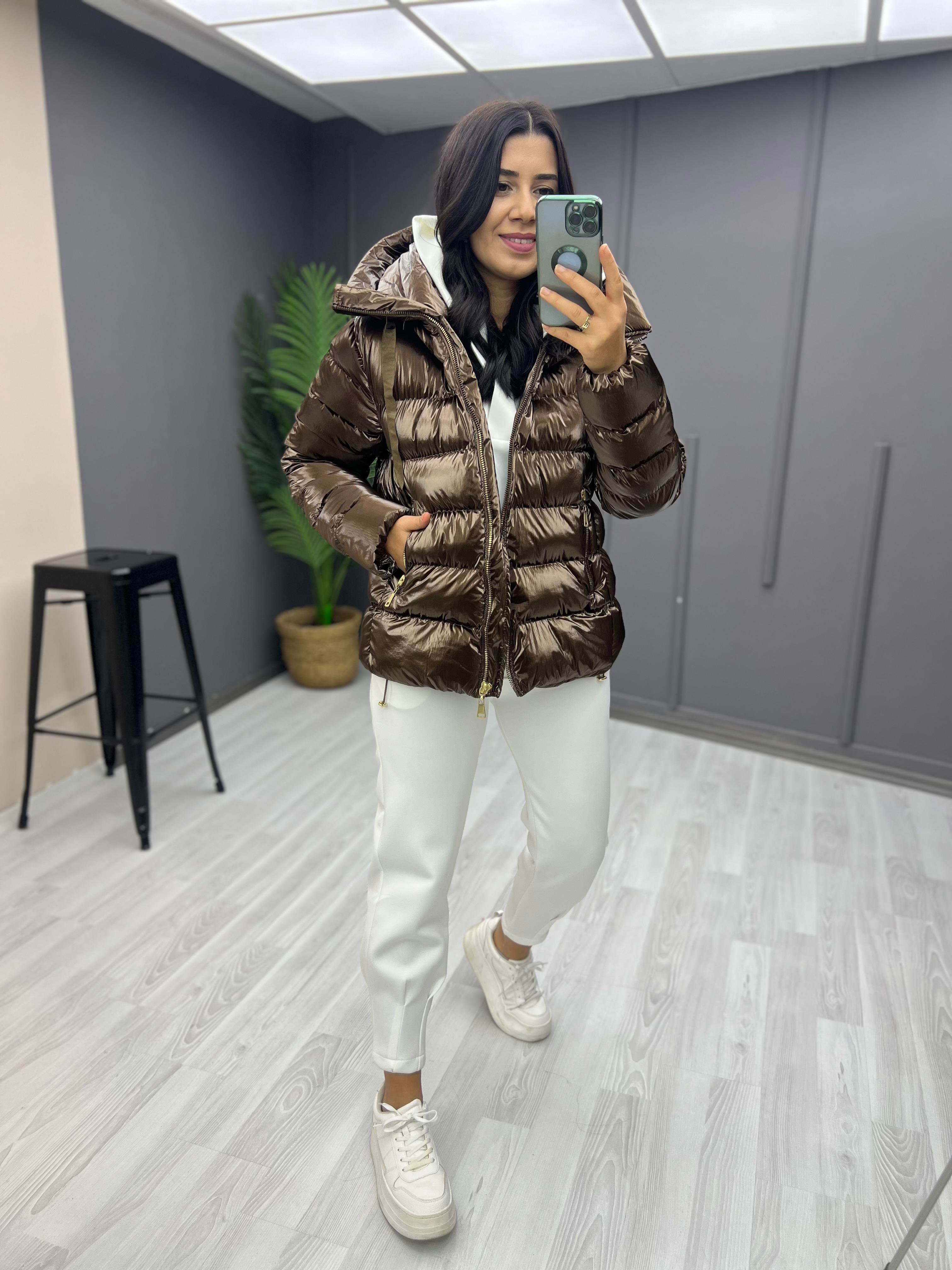 Robin Parlak Şişme Mont Kahverengi