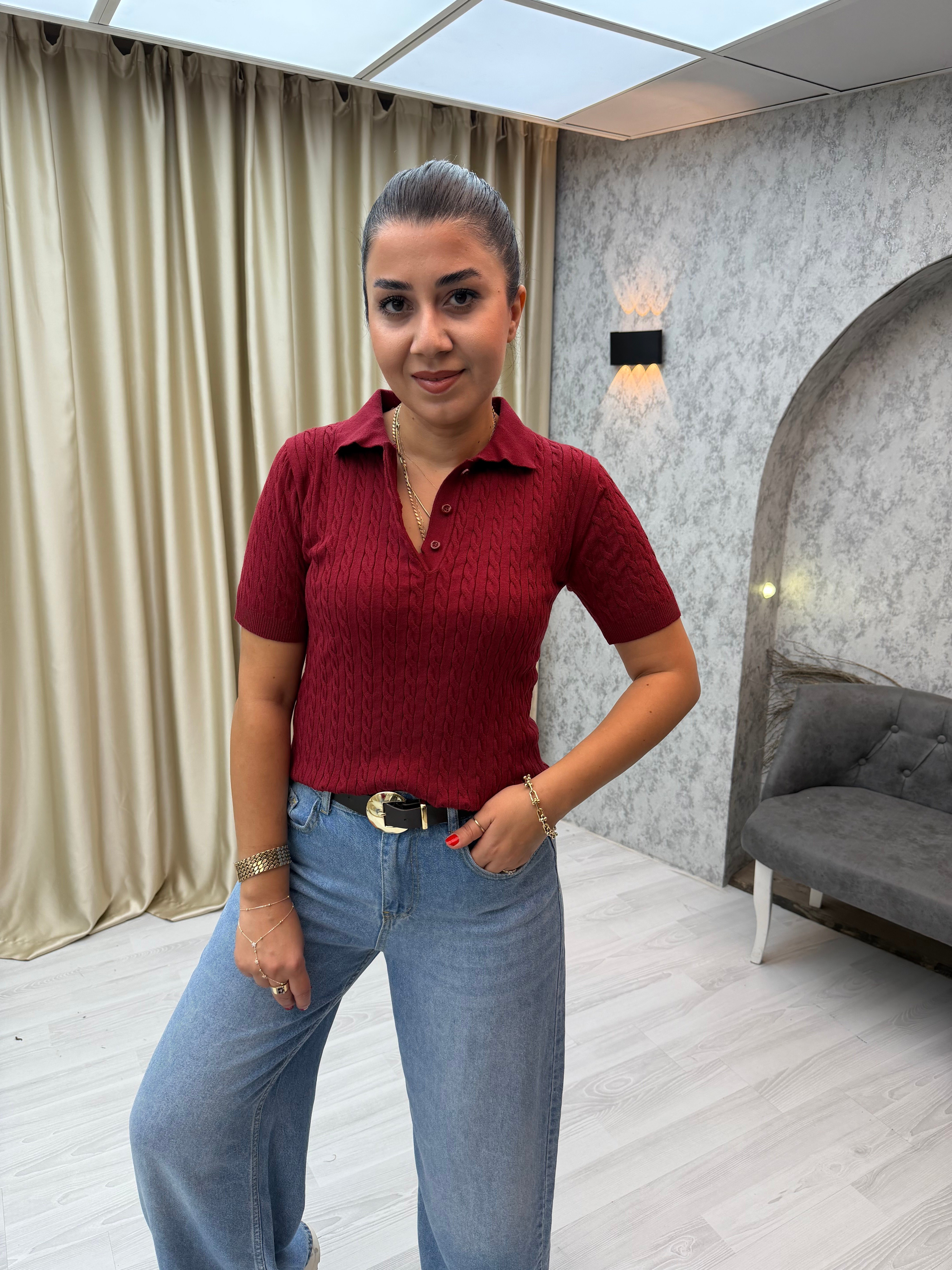Saç Örgü Polo Yaka Pamuk Triko Bordo