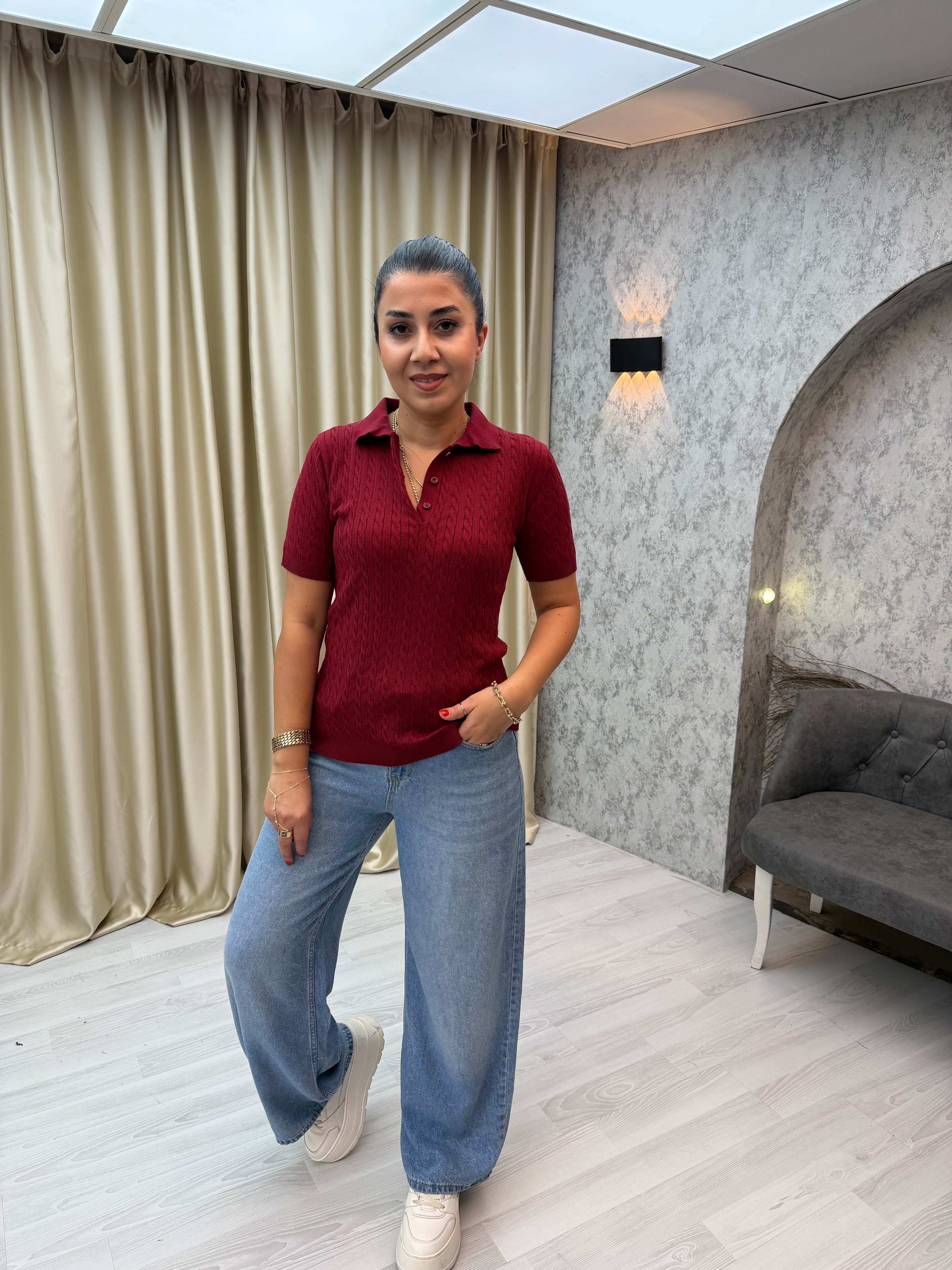 Saç Örgü Polo Yaka Pamuk Triko Bordo